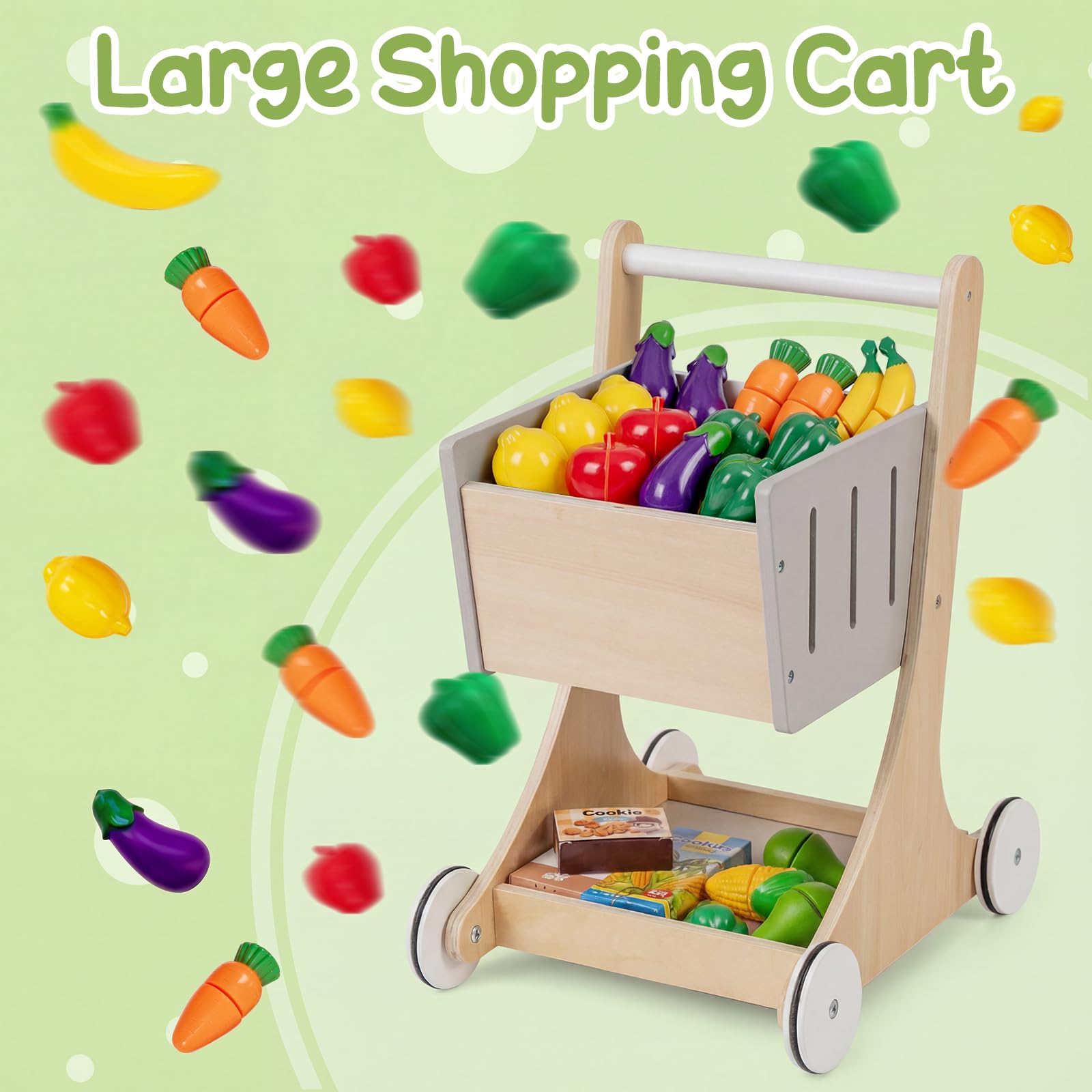 FANTASK Holz Kinder Kaufladen, Kaufmannsladen mit Einkaufswagen, Verkaufsautomat Spielzeug, Kasse & Spiellebensmittel, Supermarkt Spielzeug für Kinder 3+ Jahre