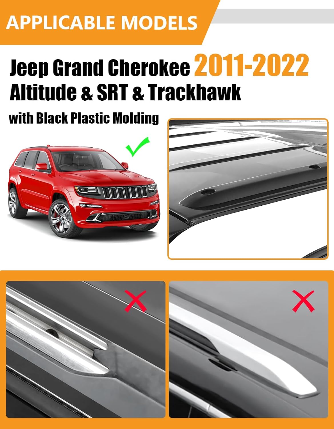 Diagram showing applicable Jeep Grand Cherokee models with black roof moldings and incompatible roof rail types.