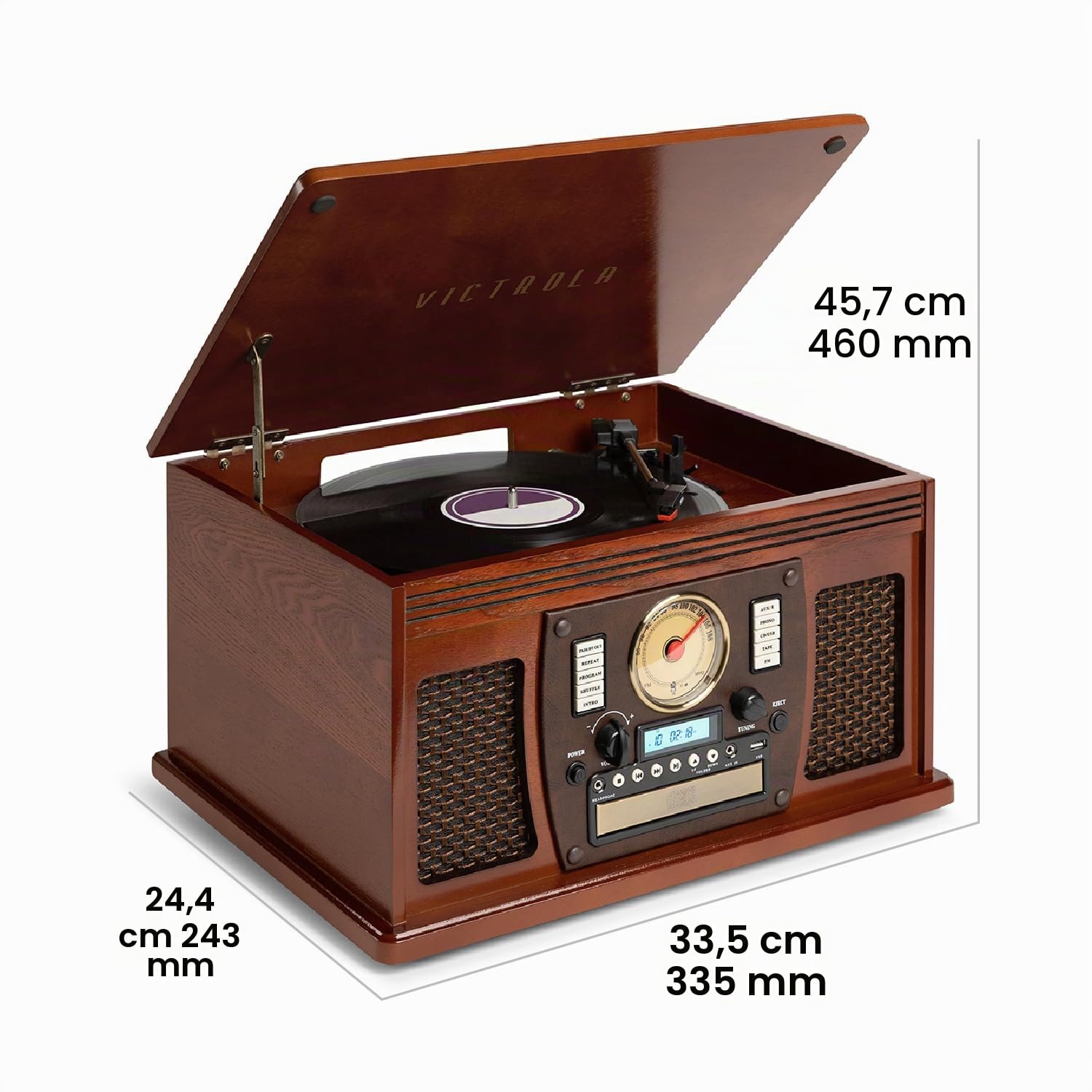 Victrola Navigator – Giradischi Bluetooth 8-in-1 con CD, cassette, radio FM, USB, altoparlanti integrati, uscita RCA e jack cuffie, streaming wireless (Mogano