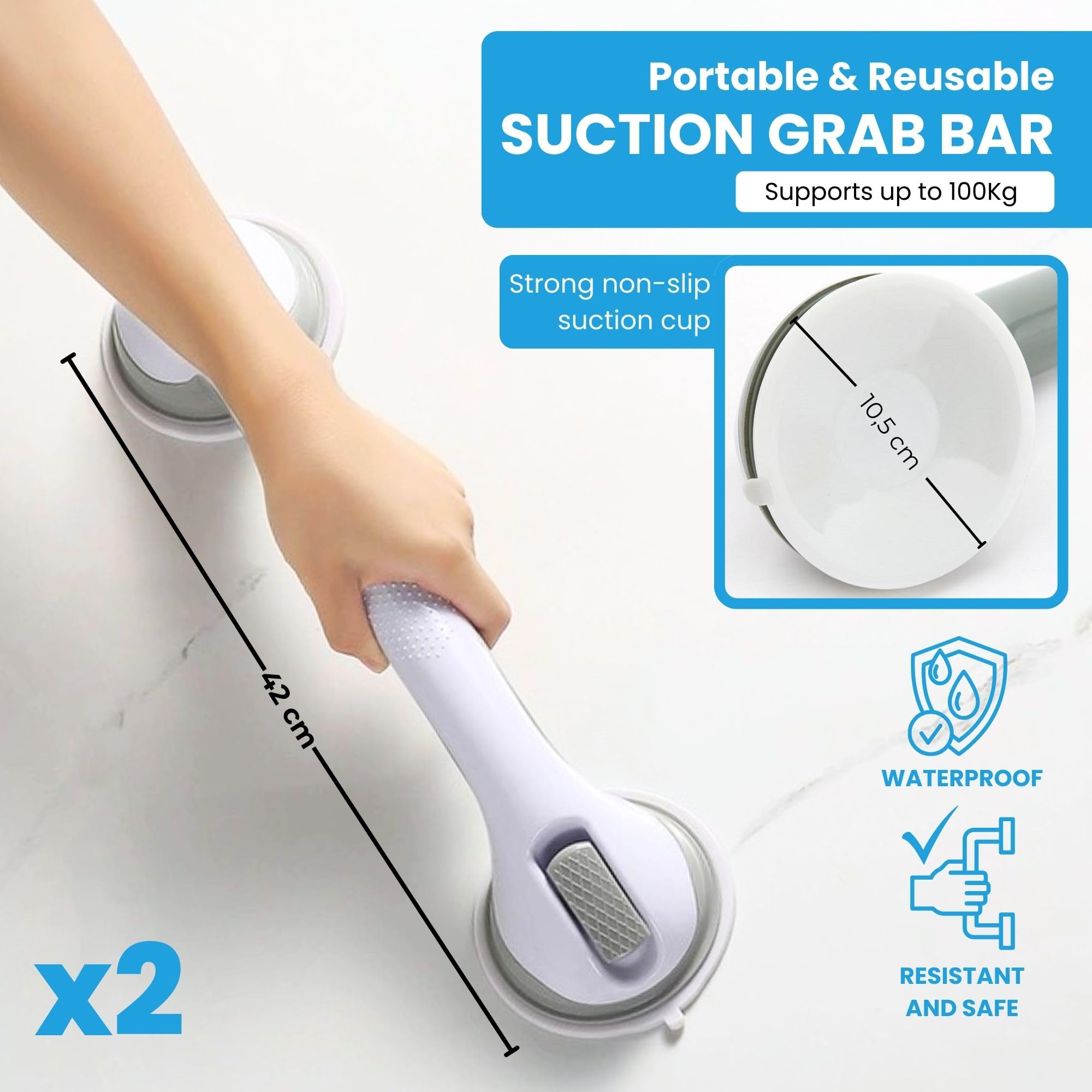 2X Barra de Agarre para Baño con Ventosa Antideslizante 42 cm | Asa de Seguridad para Bañera, Pasamanos de Ducha para Ancianos, Discapacitados, Niños, Peso Máximo 100Kg
