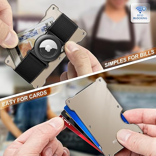 Miniatura 5 de BULLIANT Billetera de metal delgada para hombre, compatible con Airtag, compatible con Airtag, expandible para 15 tarjetas, bloqueo RFID, Champagne