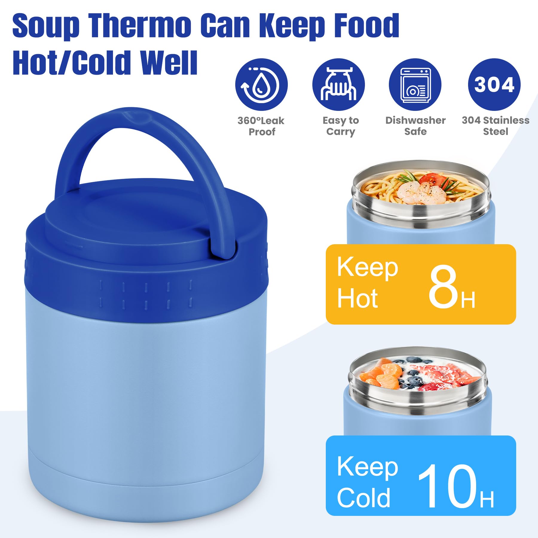 Termo de sopa de 10.5 onzas para comida caliente, para niños y adultos, tarro de alimentos aislado con asa ancho de boca, recipientes de alimentos a prueba de fugas, lonchera de acero 3