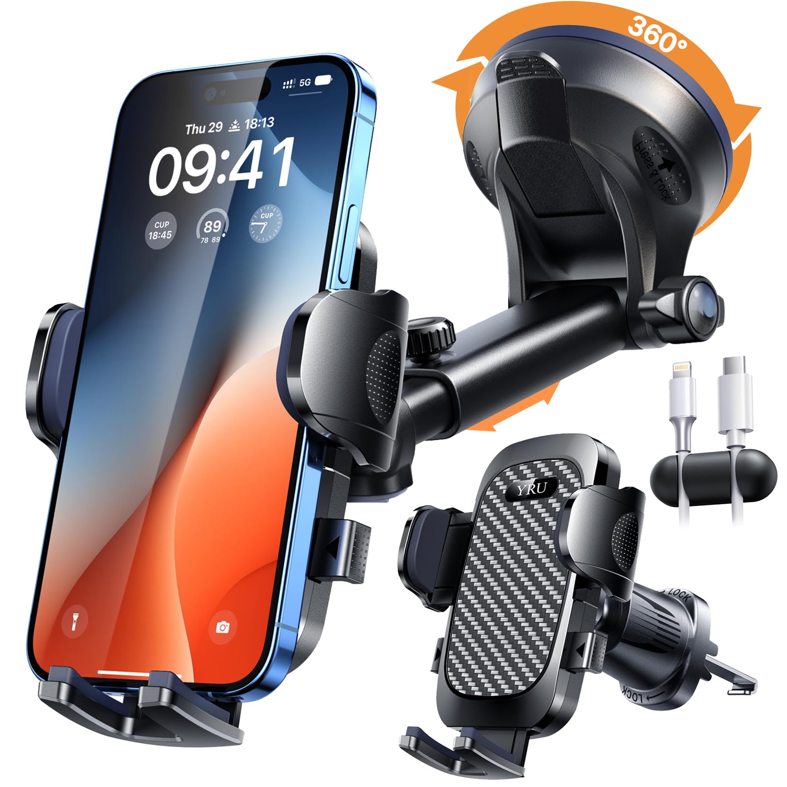 YRU 2024 Samochodowy uchwyt na telefon [ulepszona obrotowa przyssawka o wadze 36,3 kg i szczelny klips wentylacyjny] [certyfikaty patentów i bezpieczeństwa] uniwersalna deska rozdzielcza do iPhone'a