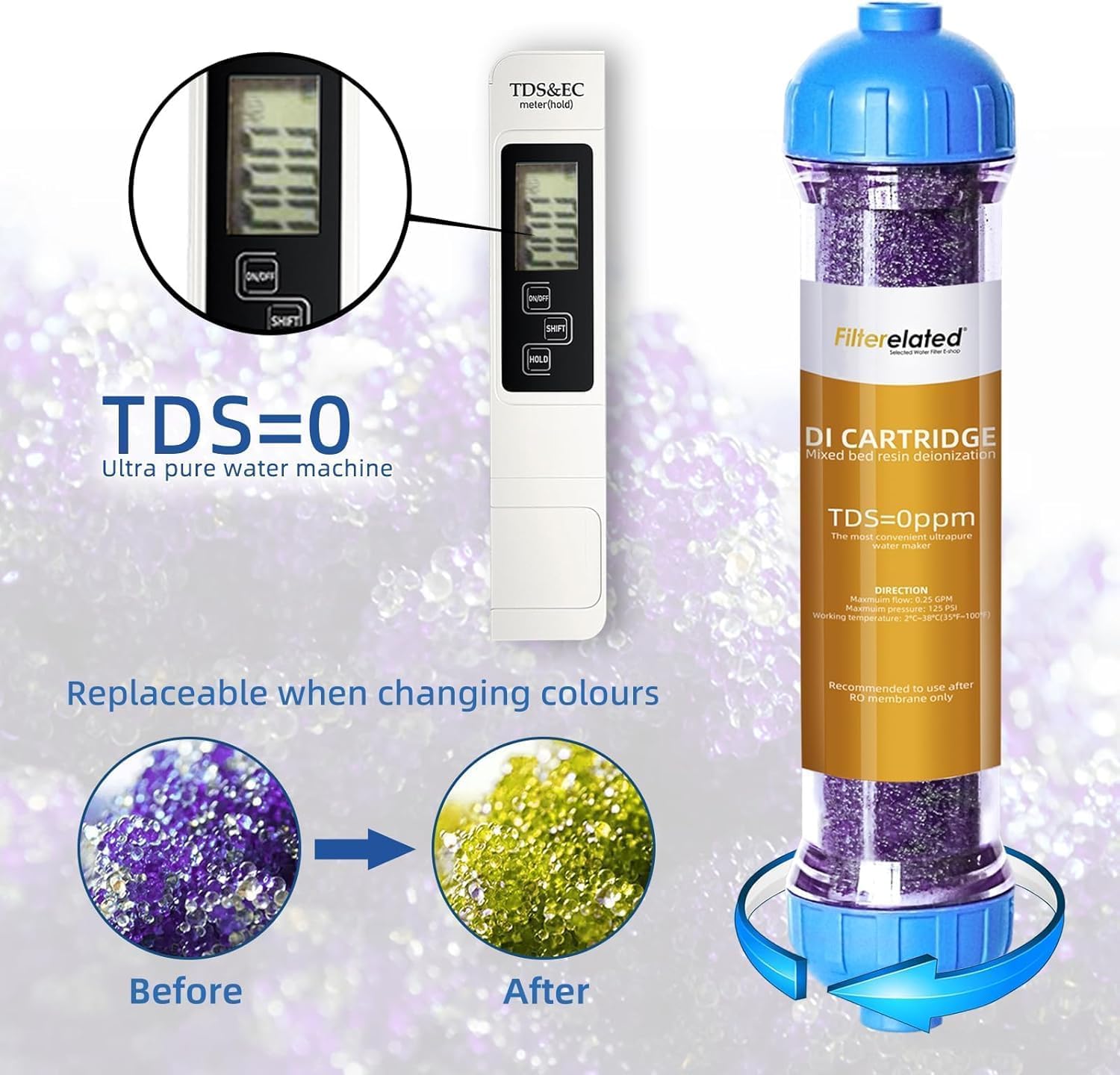 Sistema de ósmosis inversa de acuario de 4 etapas con válvula de descarga portátil RO+DI de filtración de agua desionizada, filtro DI que cambia de color, 100 GPD-TDS cerca de 0 ppm