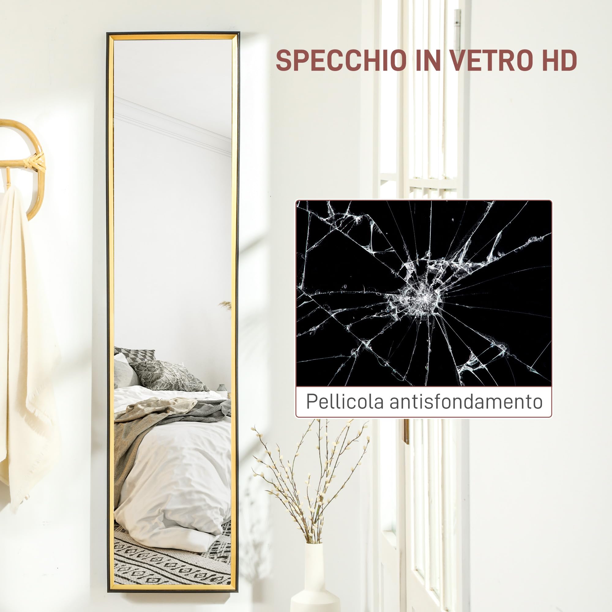 HOMCOM Specchio da Terra a Figura Intera con Supporto Posteriore e Cornice, Specchio da Parete in MDF e Vetro con Pellicola Protettiva Antisfondamento, 37x3x157 cm, Nero e Oro