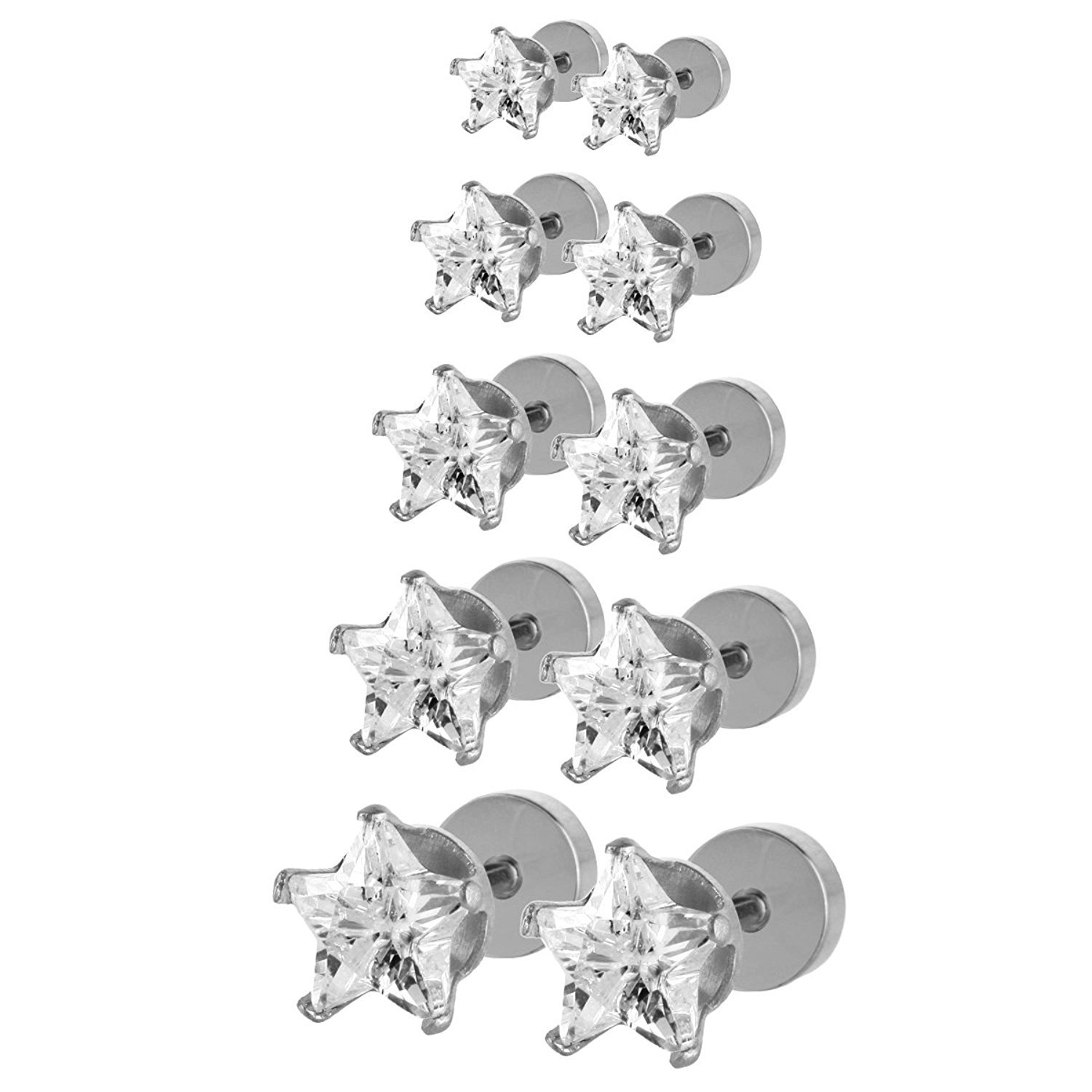 JewelrieShopJewelrieShop Assorted Sizes Shiny Cubic Zirconia Star Front Hypoallergenic Flat Back Screw Stud Earrings