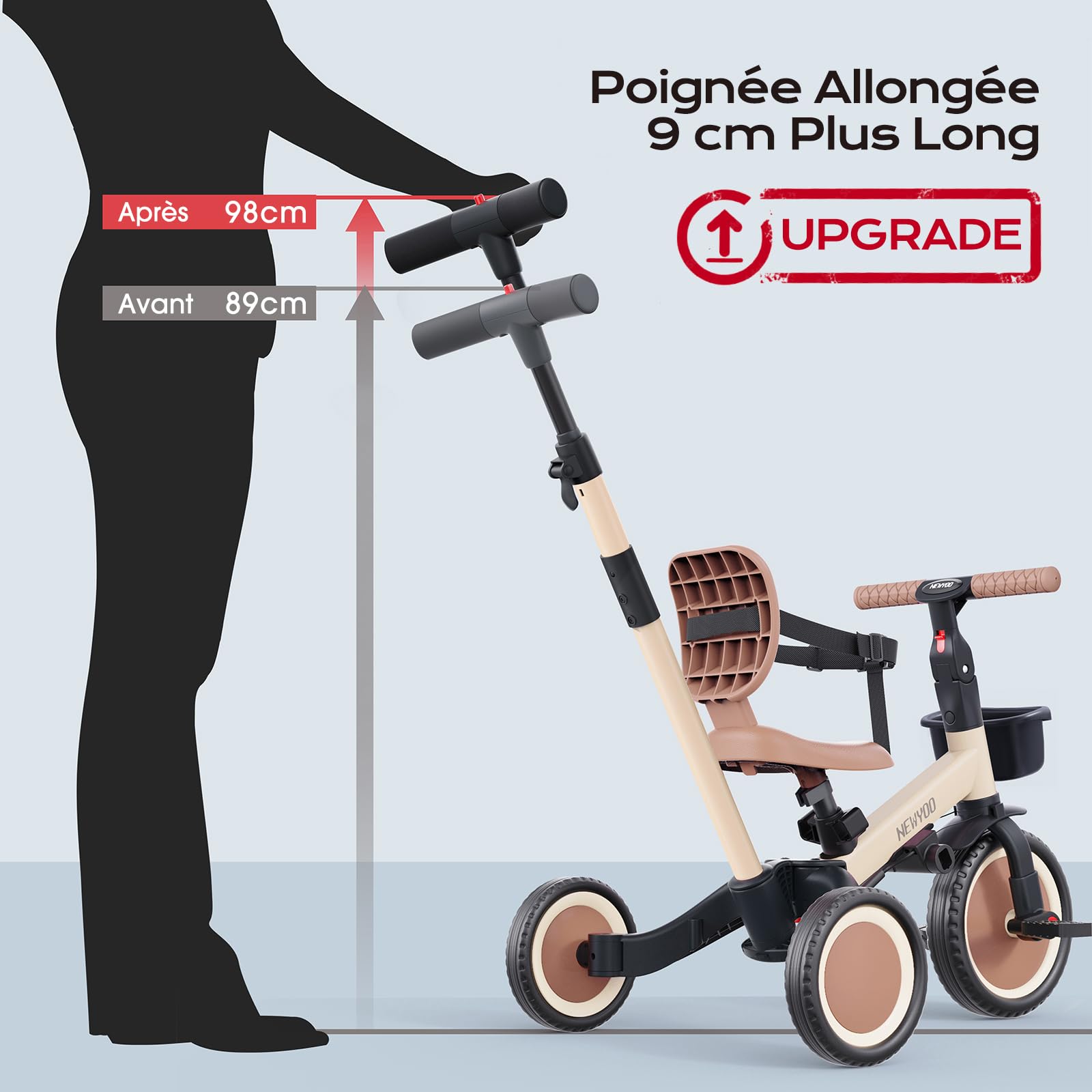 newyoo Tricycle draisienne 5 en 1, Tricycle de 1 à 3 Ans, Tricycle pour Enfants avec Barre de poussée, vélo pour Enfants, draisiennes, Guidon, Barres de sécurité, TR007, Kaki