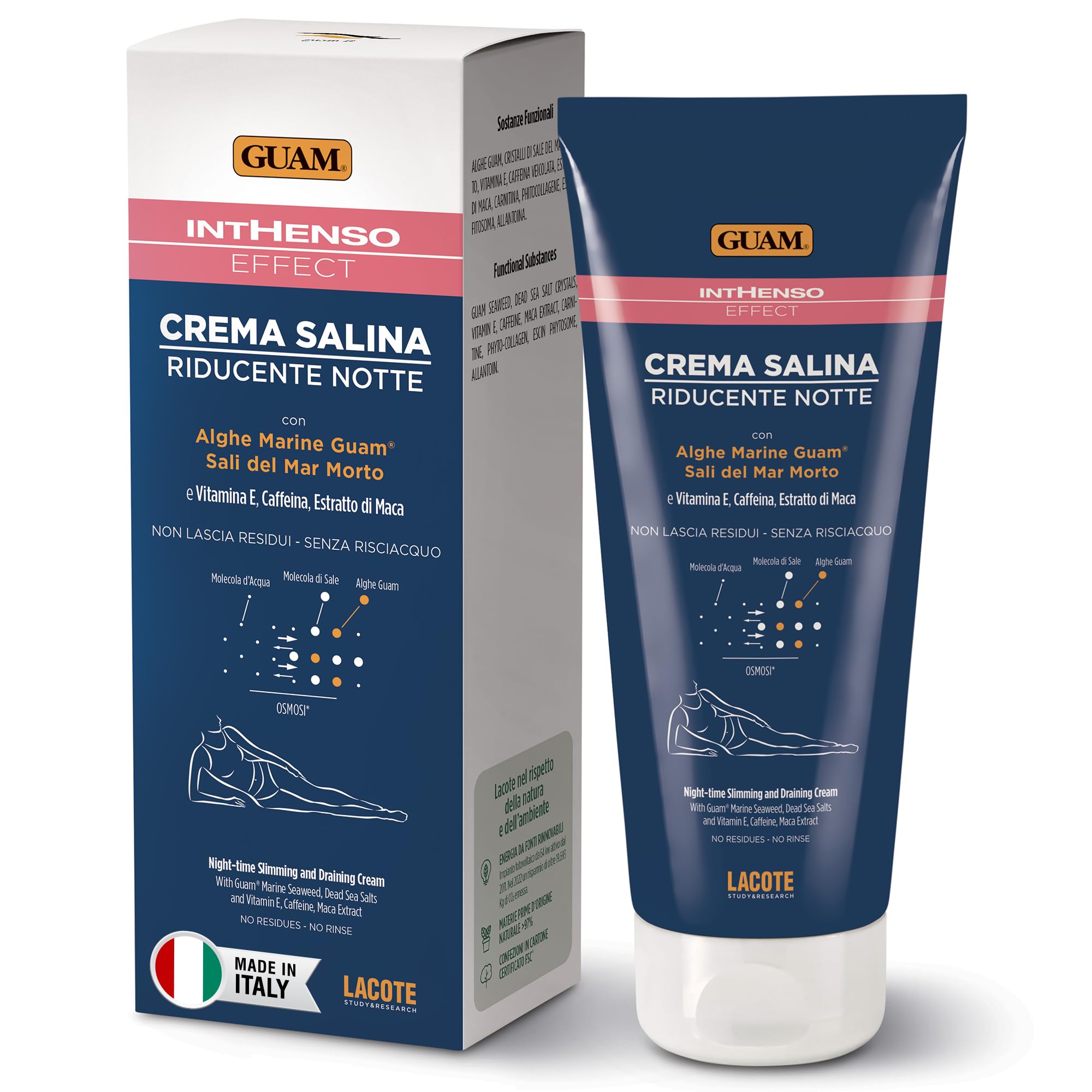 GUAM Crème Anti-Cellulite aux Algues pour Femmes avec Vitamine E, Caféine et Extrait de Maca - 200ml Traitement Salin Réducteur Nuit Intensif - Crème Raffermissante, Amincissante et Drainante Corps