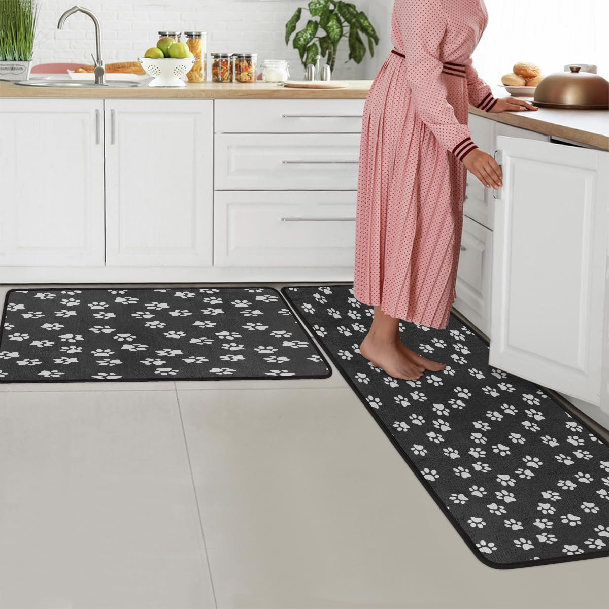 Set di 2 tappetini da cucina con stampa di zampa di gatto, antiscivolo, assorbenti, imbottiti, anti-fatica, lavabili, per casa, lavanderia, ufficio, lavanderia, 43,2 x 73,7 cm + 43,2 x 119,4