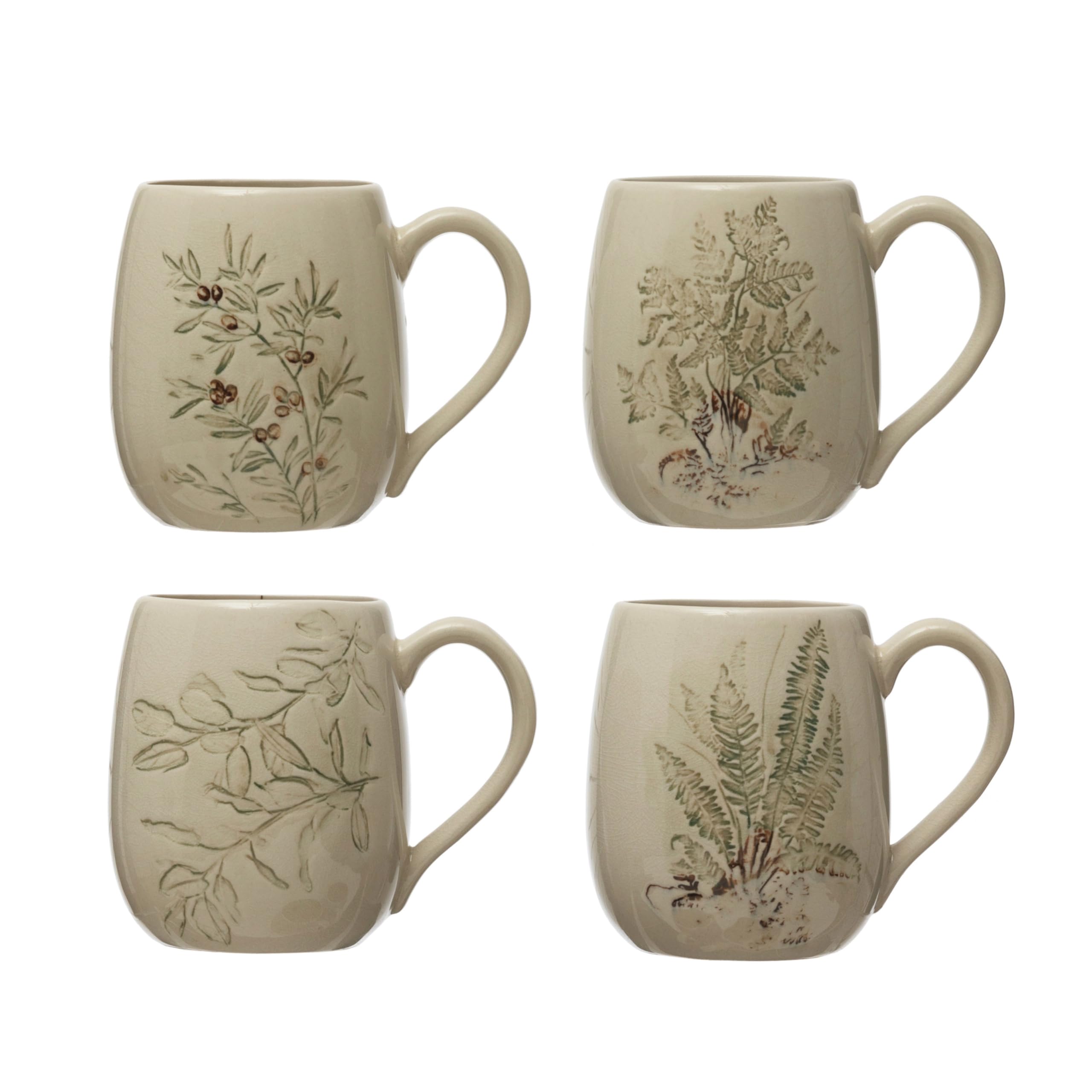 Creative Co-Op Debossed Stoneware, Set of 4 Styles, Cream and Green Reactive Crackle Glaze Mugs, Multi
