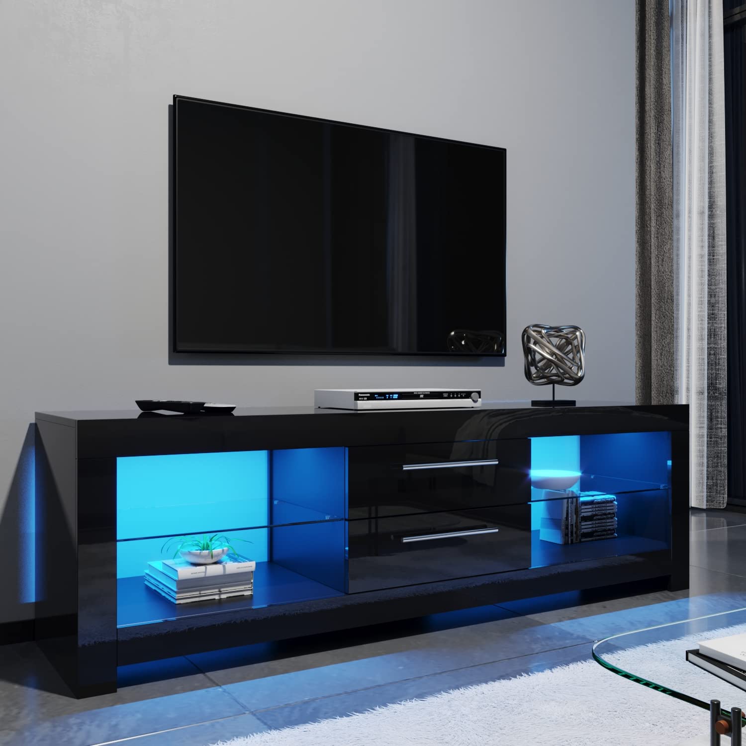 ELEGANT 1600mm LED TV Cabinet Modern Black Gloss TV Stand with Ambient Lights for Living Room and Bedroom with Storage Furniture for 32 40 43 50 55 60 65 inch 4k TV — image 1