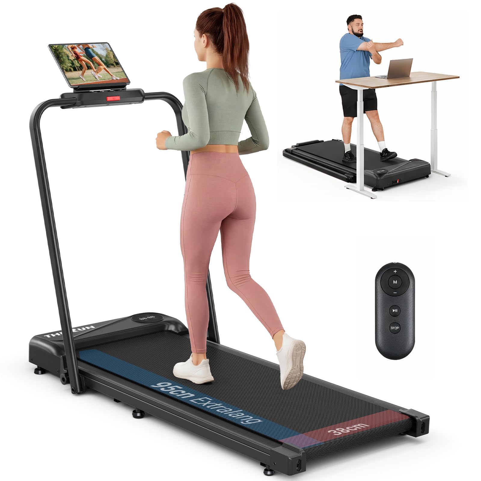 THERUN Laufband für Zuhause Klappbar, Walking Pad Leise mit Handlauf&LED-Anzeige, Treadmill bis 10 km/h,Doppelte Stoßdämpfung Laufband Schreibtisch für Zuhause&Büro, Keine Montage Erforderlich