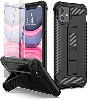 ORETech Designed for iPhone 11 Case, and [2 x Tempered Glass Screen Protectors] [Built-in Kickstand] Military Grade Shockproof iPhone 11 Case 360 Full Body Protective Silicone TPU Bumper Cover - Black
