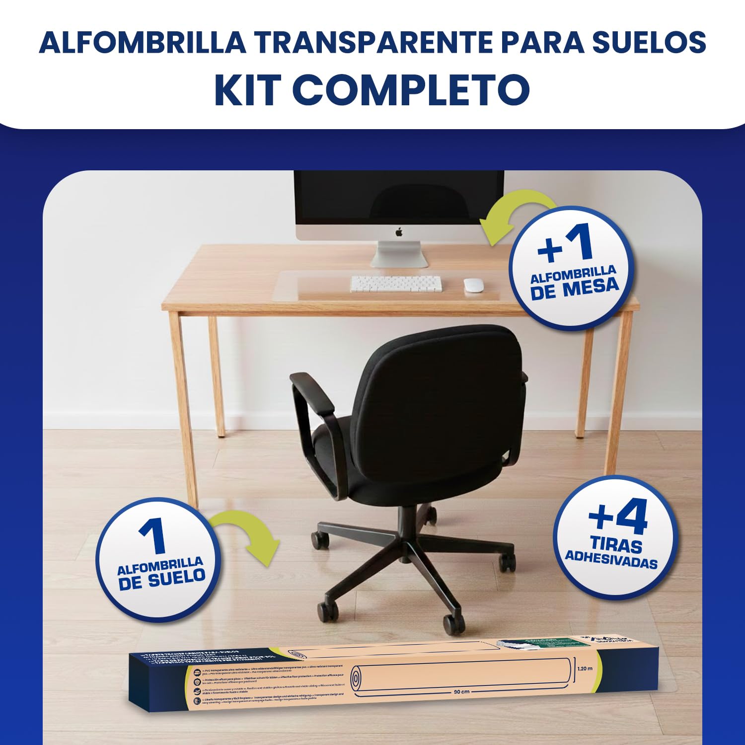 Protector Suelo Silla Ruedas 90x120 cm, Alfombra Silla Escritorio Transparente PVC Duro Antideslizante para Parquet Laminado Vinilo, Incluye Alfombrilla 25x30 cm + Adhesivos