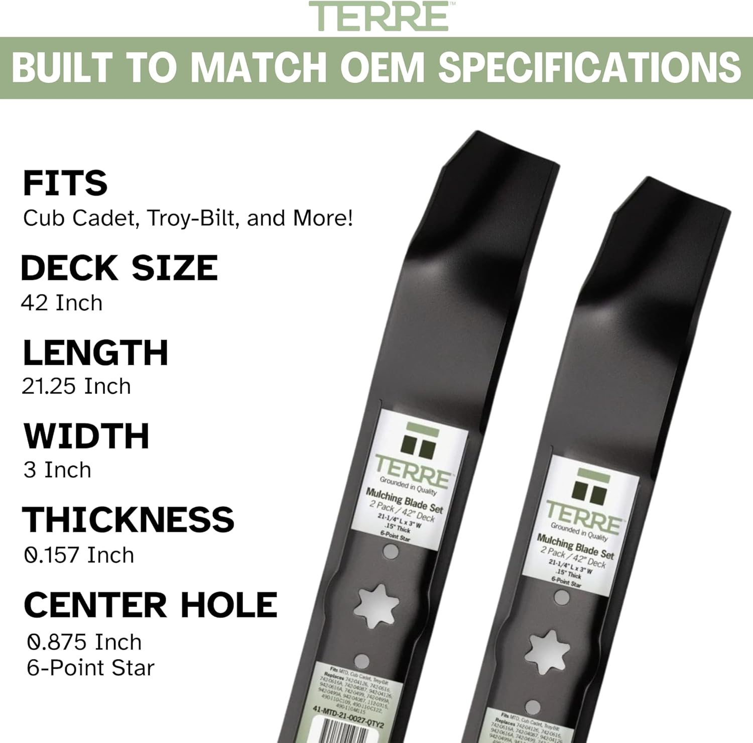 Terre Products, 2 Pack Mulching Lawn Mower Blades, 42 Inch Deck, Compatible with MTD, Cub Cadet, TroyBilt, Replaces 742-04126, 742-0616, 742-0616A, 742-04087, 942-04126, 942-0616, 942-0616A, 942-04087