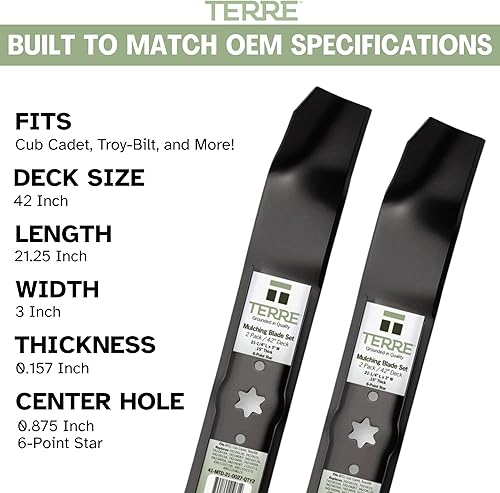 Vista 6 de Terre Products, paquete de 2 cuchillas para cortacésped con mantillo, cubierta de 42 pulgadas, compatible con MTD, Cub Cadet, TroyBilt, reemplaza