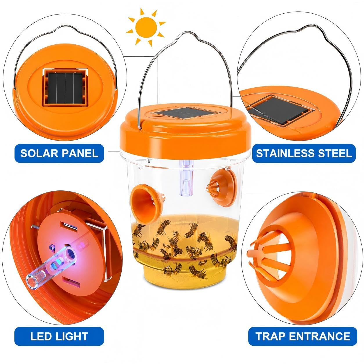 Lot de 4 pièges à guêpes d'extérieur à suspendre, à énergie solaire, pièges à frelons jaunes, réutilisables, attrape-guêpes d'abeilles pour jardin, terrasse, cour, verger