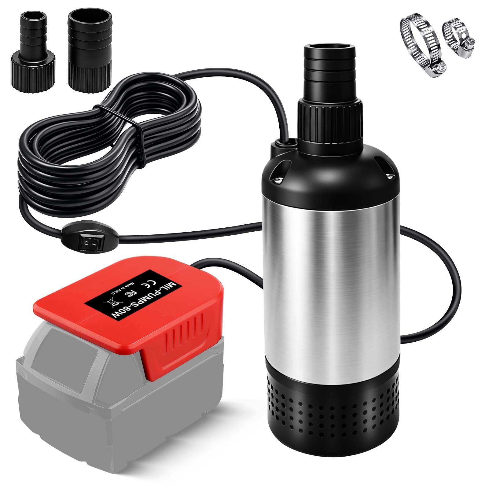 Wasserpumpe für Milwaukee 18V Akku, 3800L/H Bürstenlose Tauchpumpe Sumpfpumpe Schmutzwasserpumpe Absaugpumpe Flachwasserpumpe für Pool, Gartenbewässerung, Autowäsche, Schwimmbadentleerung(Keine Akku)