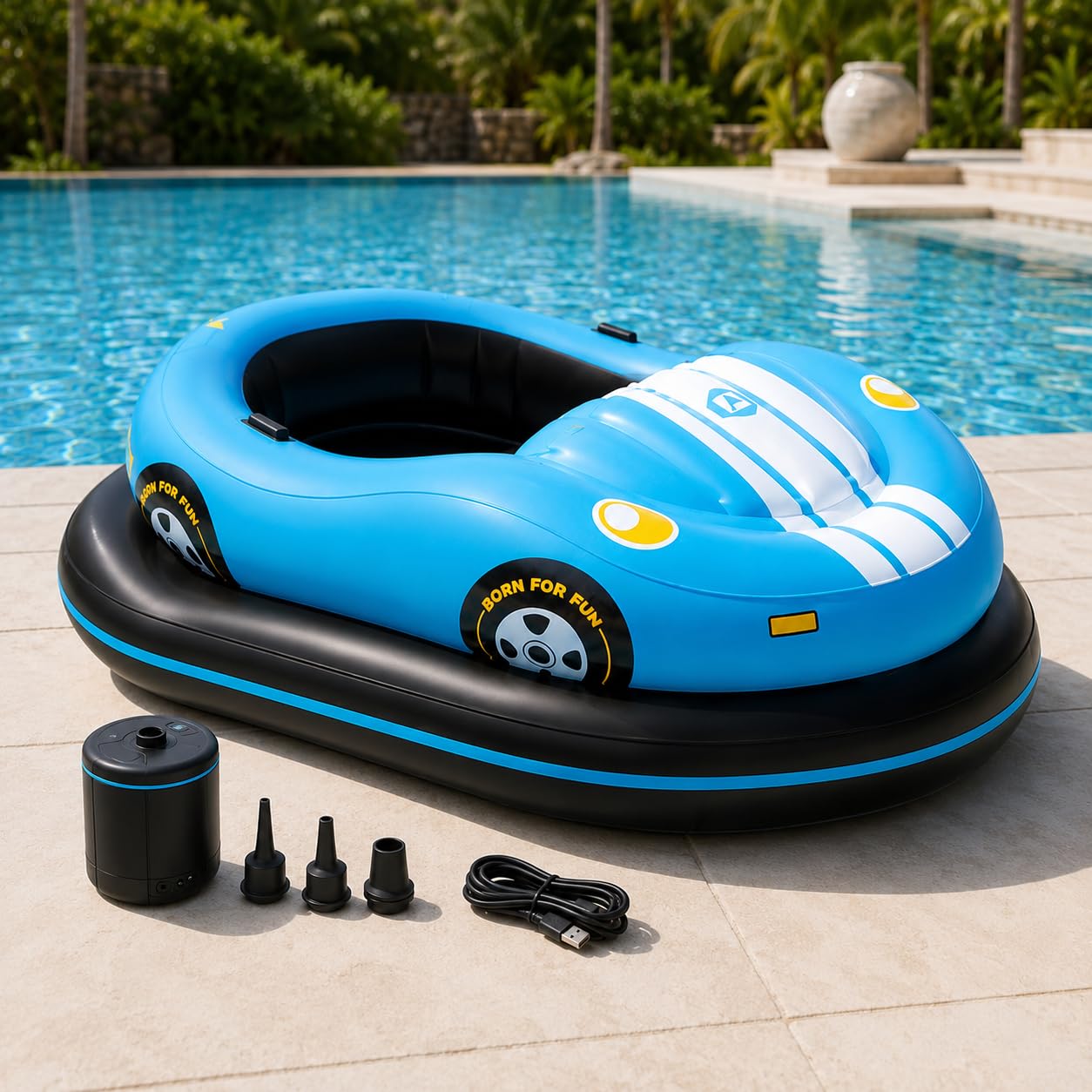 Sunseota Blue Inflatable Electric Bumper Boat For Adults, Rechargeable Motorized Pool Float With 360° Joystick, 3 Air Chambers, 120 Kg Capacity, Cordless Air Pump, For Pool And Calm Lake -1Battery