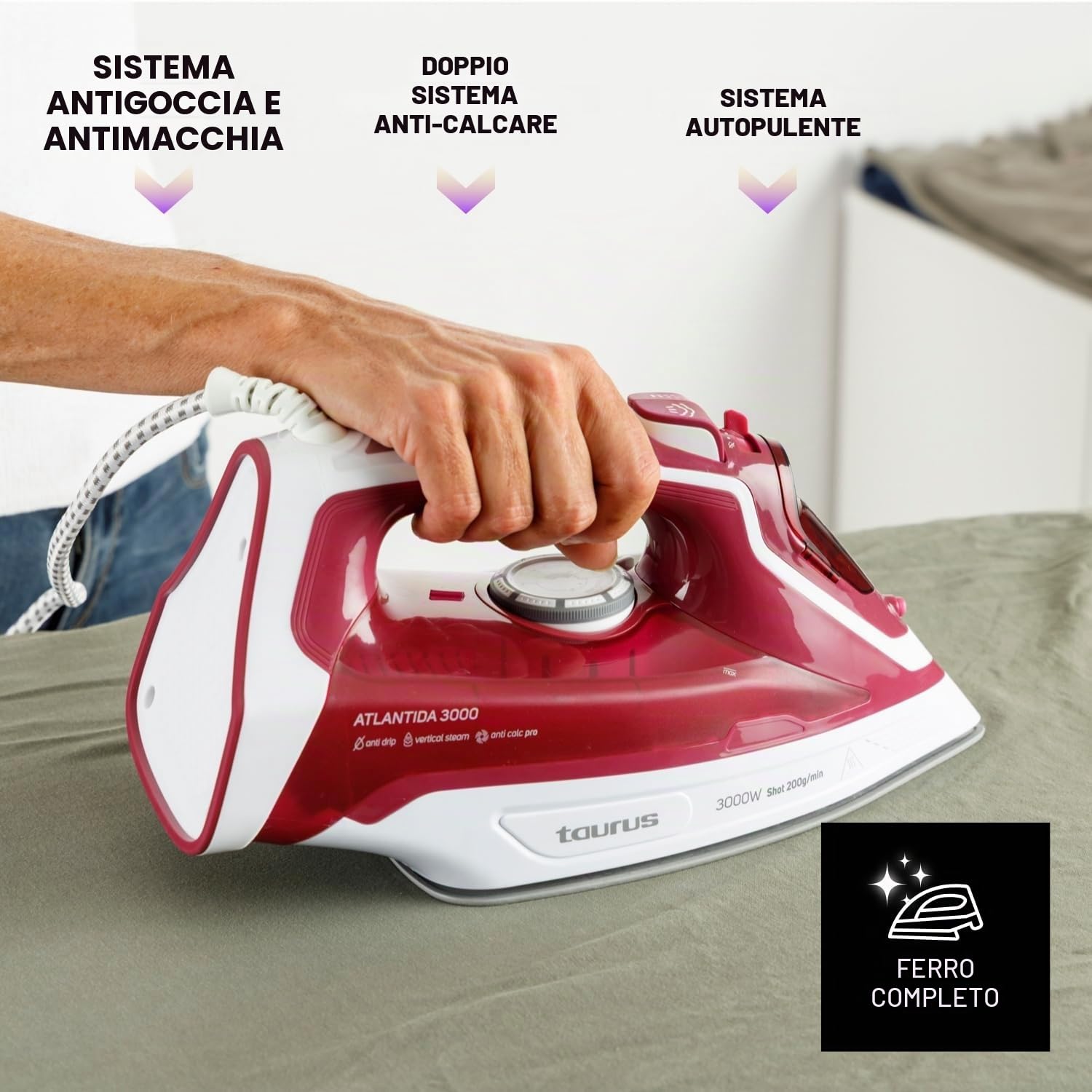 Taurus – Ferro da Stiro Atlantida 3000 | 3000W | Colpo Vapore 200g/min | Vapore Continuo 45g/min | Suola in Ceramica | Spray | Anticalcare Doppio | Autopulizia | Antigoccia