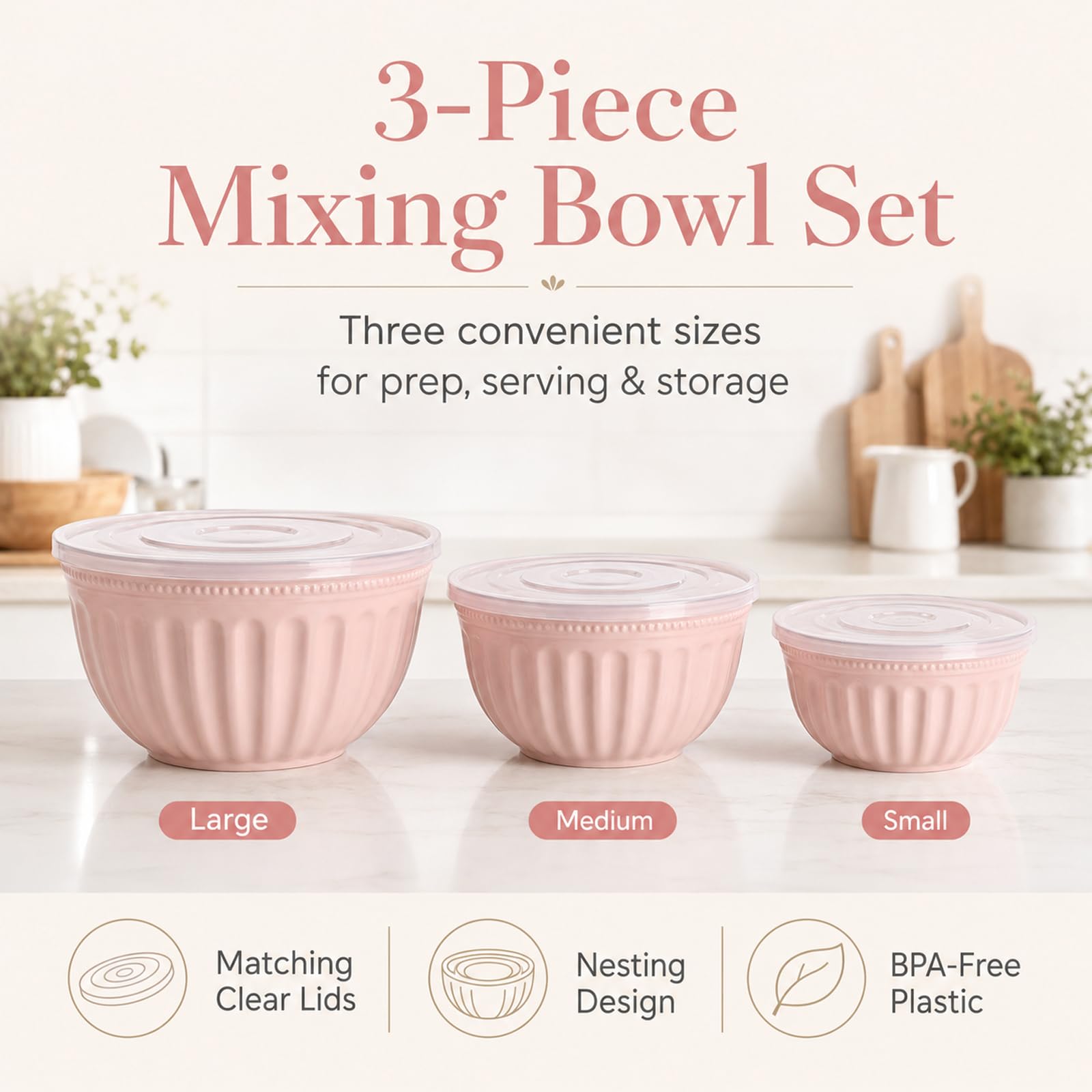 Set di 3 ciotole per insalata con coperchio, in plastica, senza BPA, impilabili, grandi ciotole per cucina, set di ciotole per miscelare, servire e conservare (rosa)
