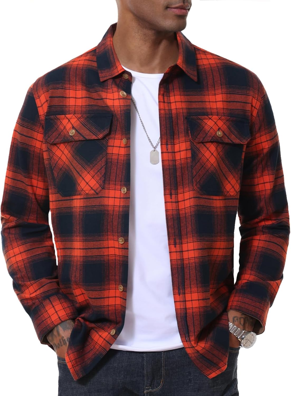 MAGNIVIT Flannel Shirt for Men Plaid Button Down Shirt Casual Lightweight Cotton Shirt with 2 Chest Pockets