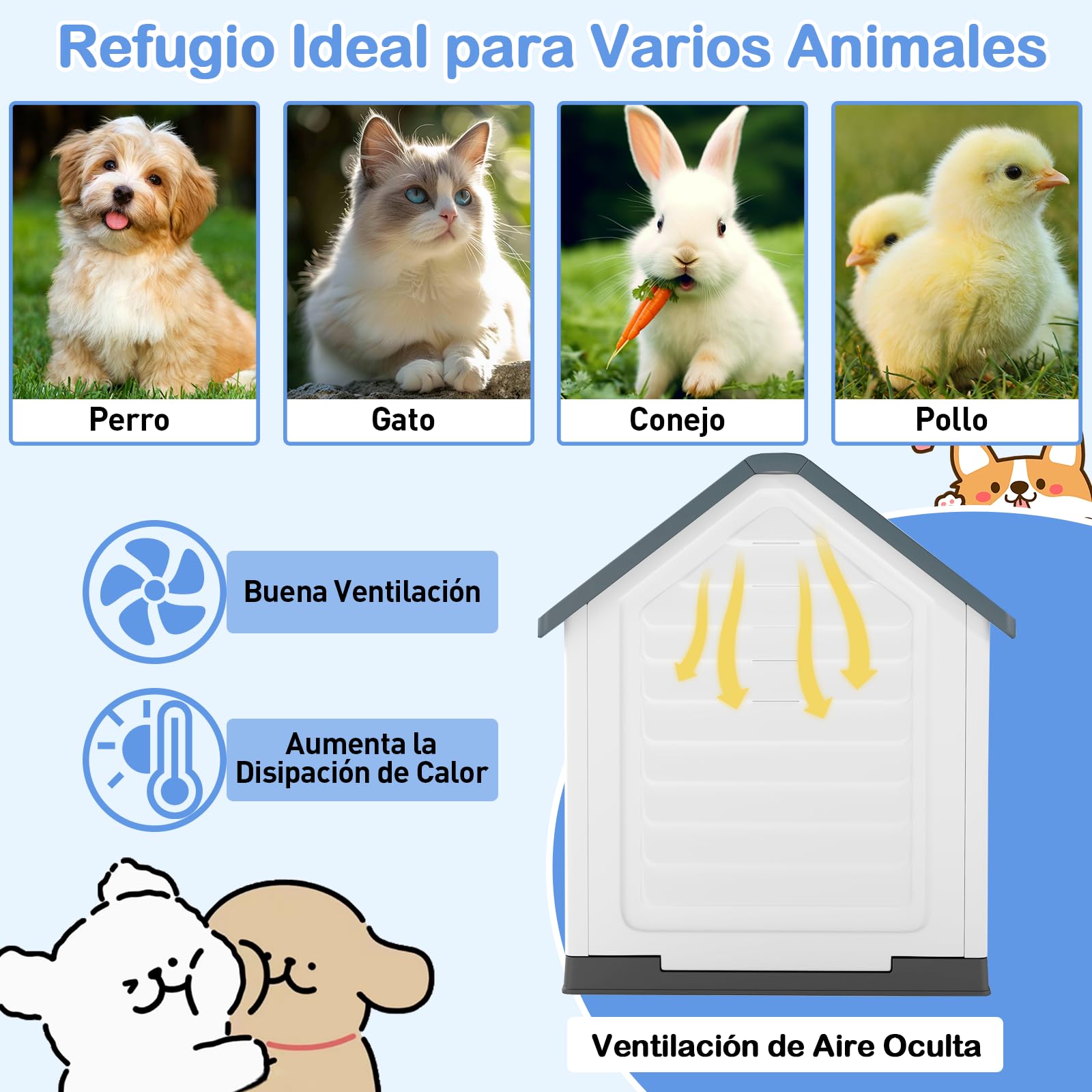 GOPLUS Caseta de Perro de Plástico, Casa para Perros con Puerta de Malla Bloqueable y Piso Elevado, Ventilación, Techo Inclinado, Perrera para Interior y Exterior para Mascotas (Gris)
