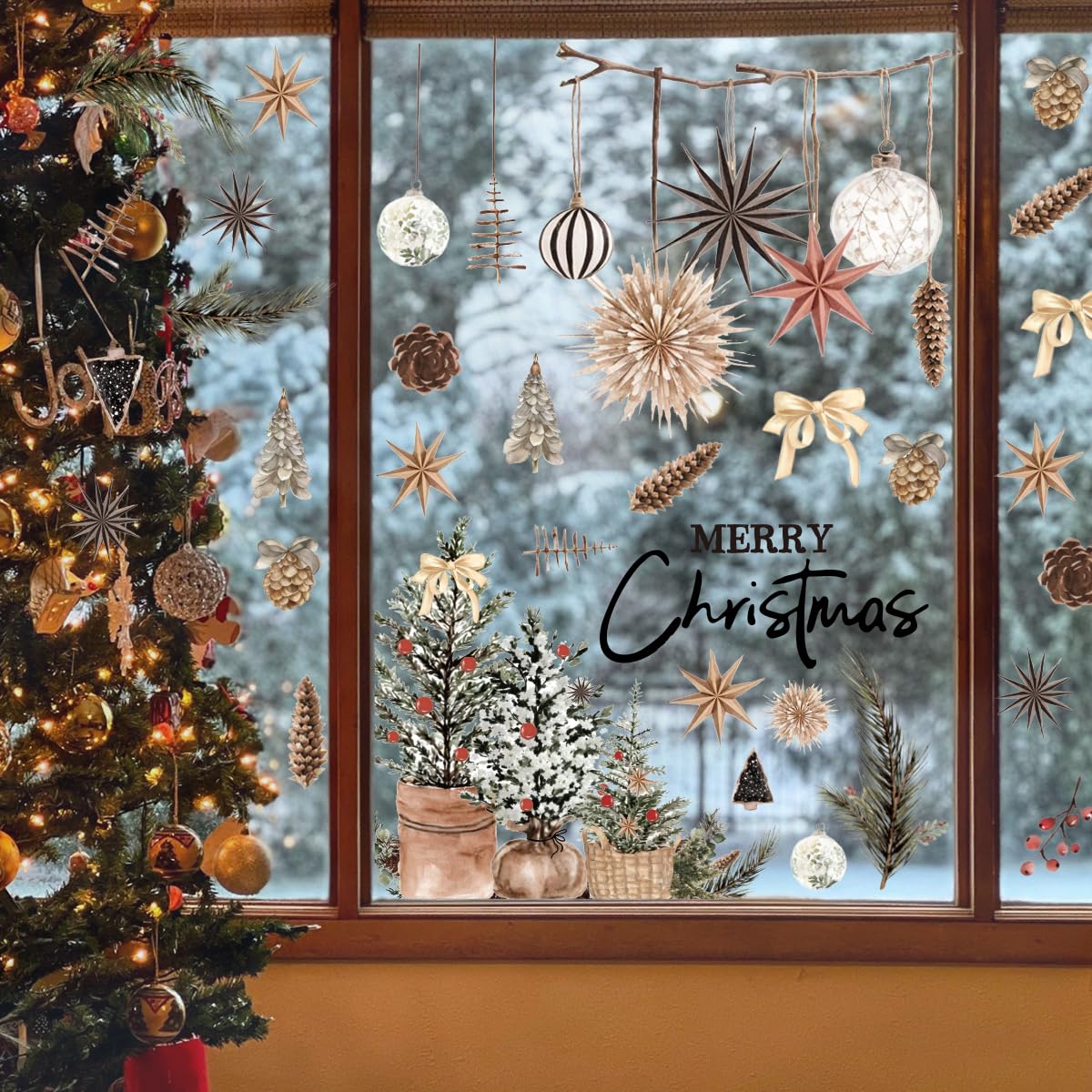 Horaldaily 45 calcomanías de Navidad para ventana, adornos de bolas de árboles de Navidad marrones para el hogar, suministros de fiesta, tienda, decoración de exhibición de vidrio