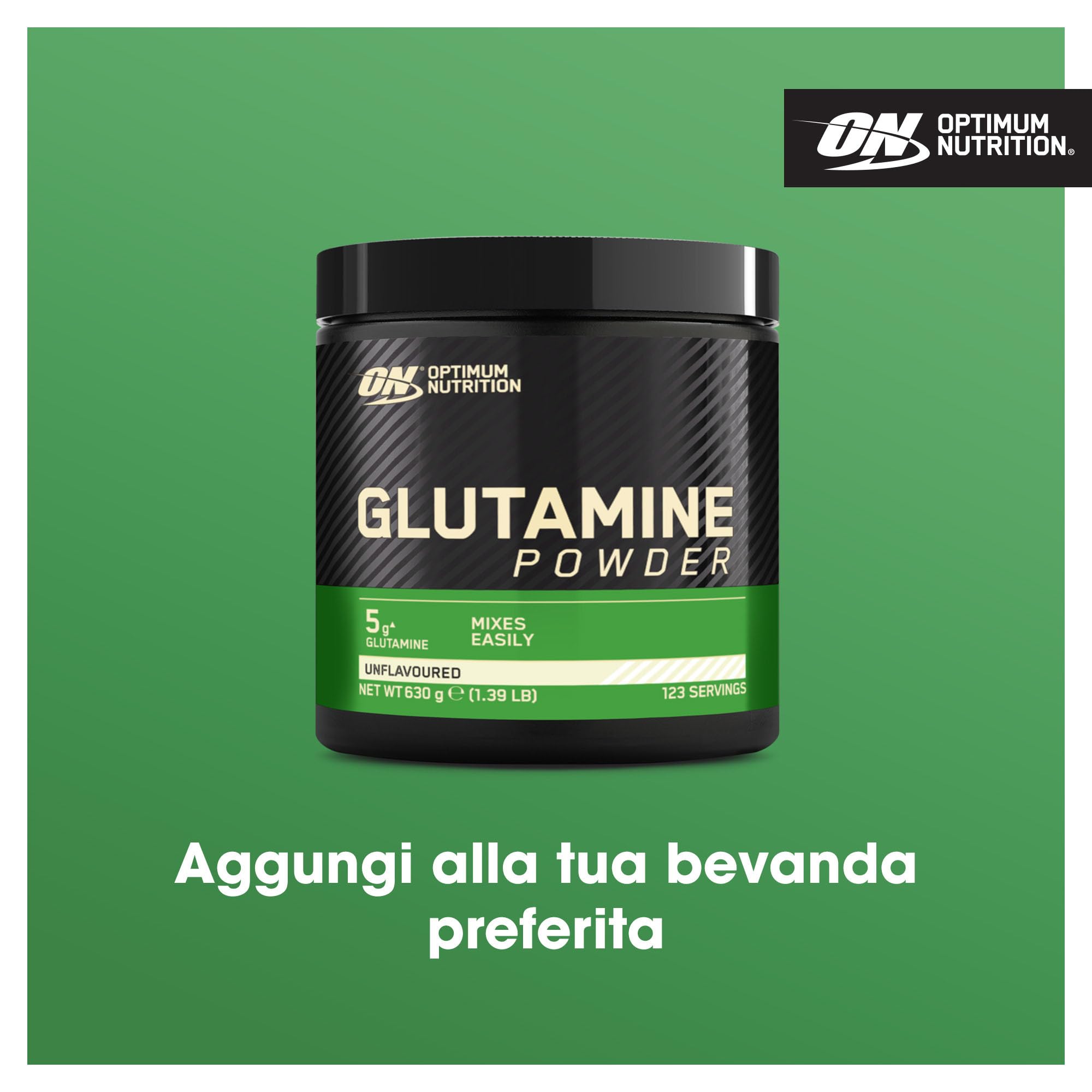 Optimum Nutrition Glutamine, Aminoacido L-Glutammina in Polvere, Integratore Alimentare per la Preparazione di Frullati Pre e Post-Allenamento, Non Aromatizzato, 123 Porzioni, 630 g