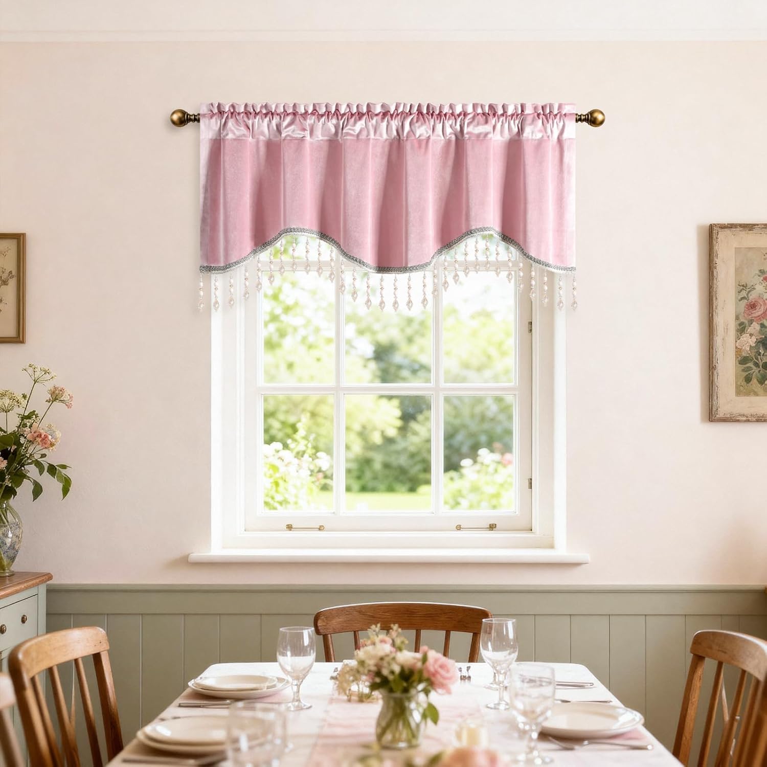 Leeva Pink Velvet Valance for Windows, Luxury Solid Color Wave Curtain with Beaded Tassels, Rod Pocket Elegant Window Topper for Living Room & Bedroom, 52x18 Inches