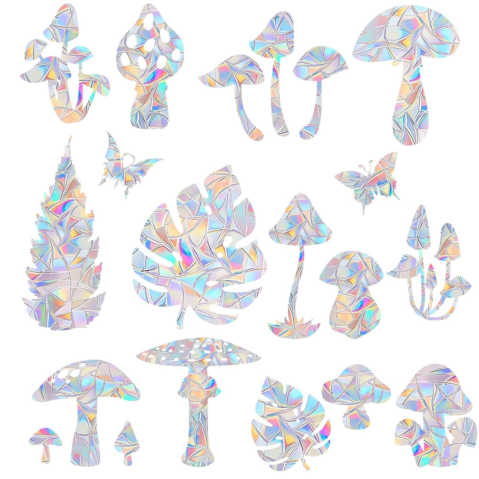 44PCS Mushroom &amp; 3 Leaf Window Clings - Anti-Collision Decals to Save Birds, Non-Adhesive Prismatic Vinyl, Rainbow Stickers (Rainbow 44 Pieces)