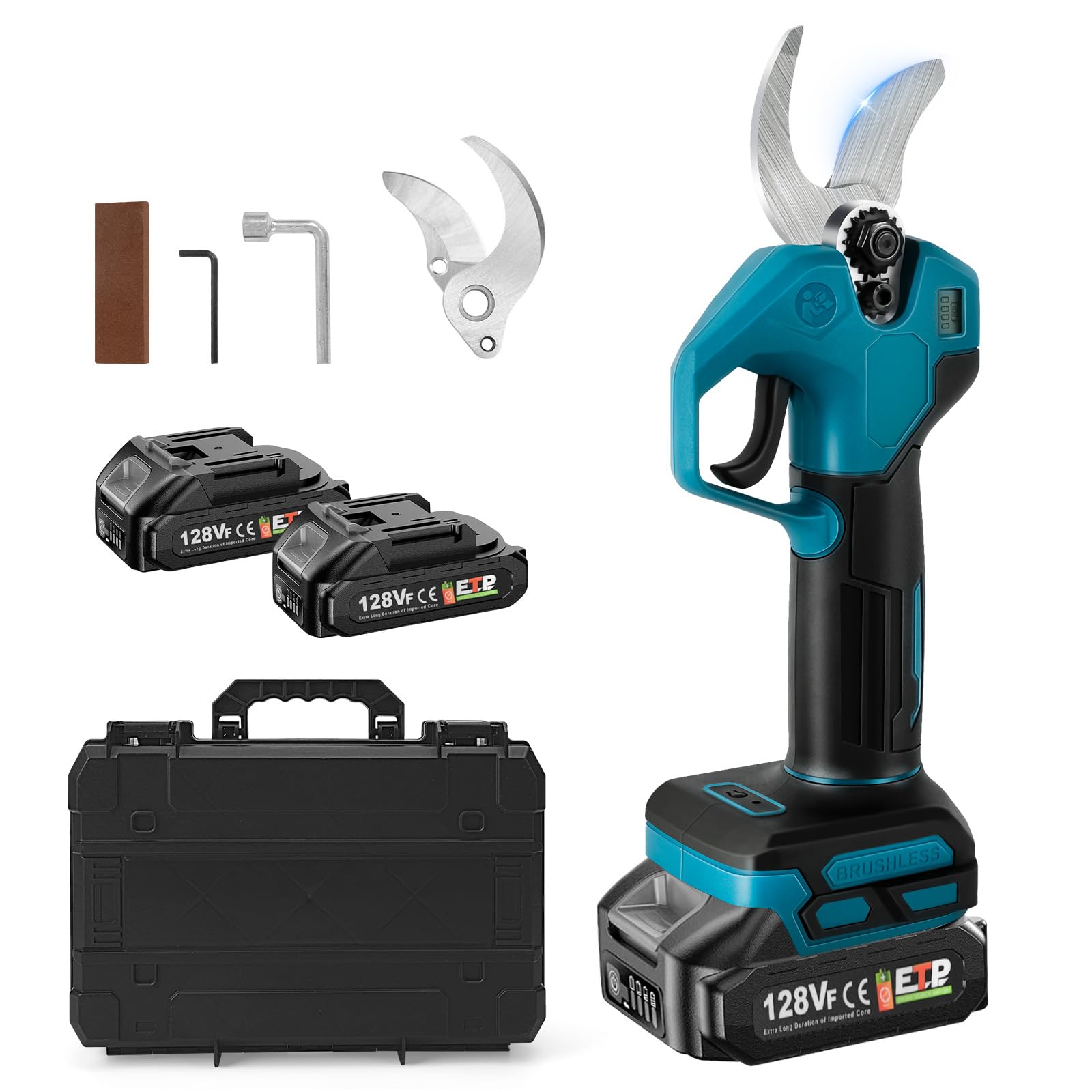 Battery Garden Shears Compatible with Makita 18V Battery, Brushless Tree Shears with 2 Speeds, Digital Display, 30mm Cutting Diameter, Sharpening Stone and Replacement Blades (with 2 * 1500mAh Battery — image 1