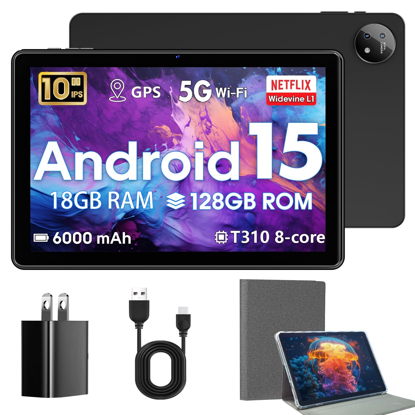 Tablet 10 Inch,Android 15 Tablets,18GB+128GB,1TB Expand,Widevine L1 Compatible Octa-Core Tablet with WiFi 5, 6000mAh, T310 CPU,High Performance,Processor,Dual Camera(5MP+8MP)