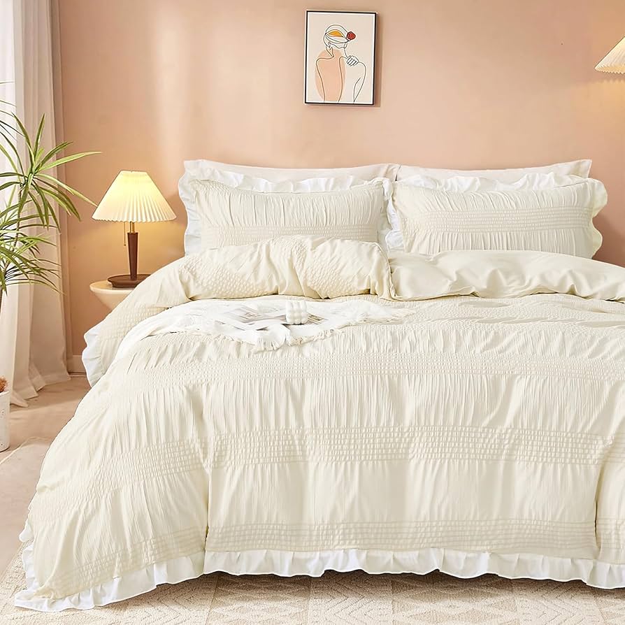 Cream White Seersucker Duvet Cover Set Double Size, Ruffled Trim 3-Piece Microfiber Bedding Set - Wrinkle-Resistant & Lightweight Design with Hidden Zipper (Double, 200x200cm)