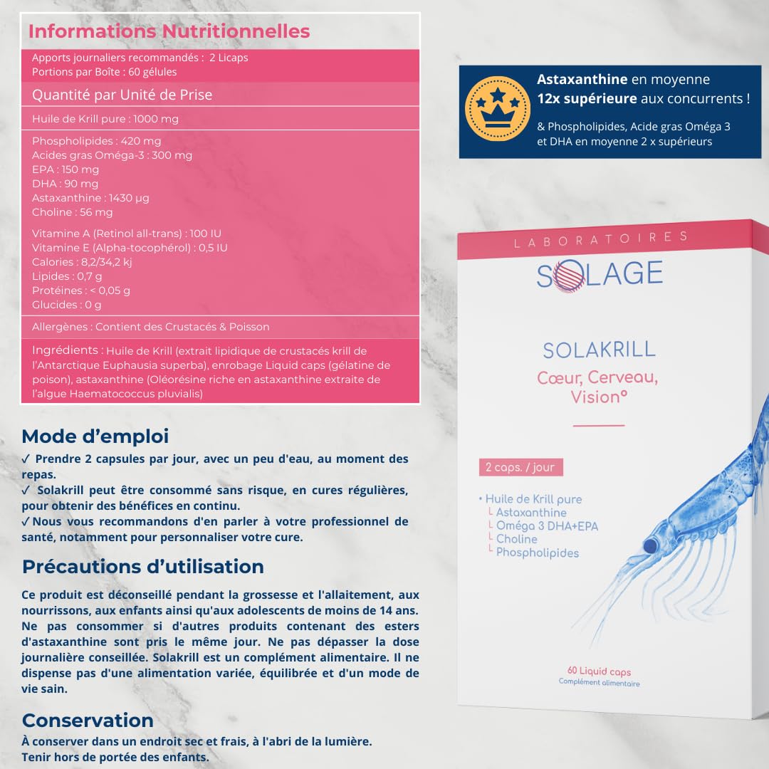 OMEGA-3 100% Huile de KRILL pure - Plus efficace que l’Huile de Poissons - 60 Capsules Licaps Sans Odeur SOLAKRILL- EPA DHA Astaxanthine Choline Vitamine A B – Fabriquée en France -Laboratoires SOLAGE