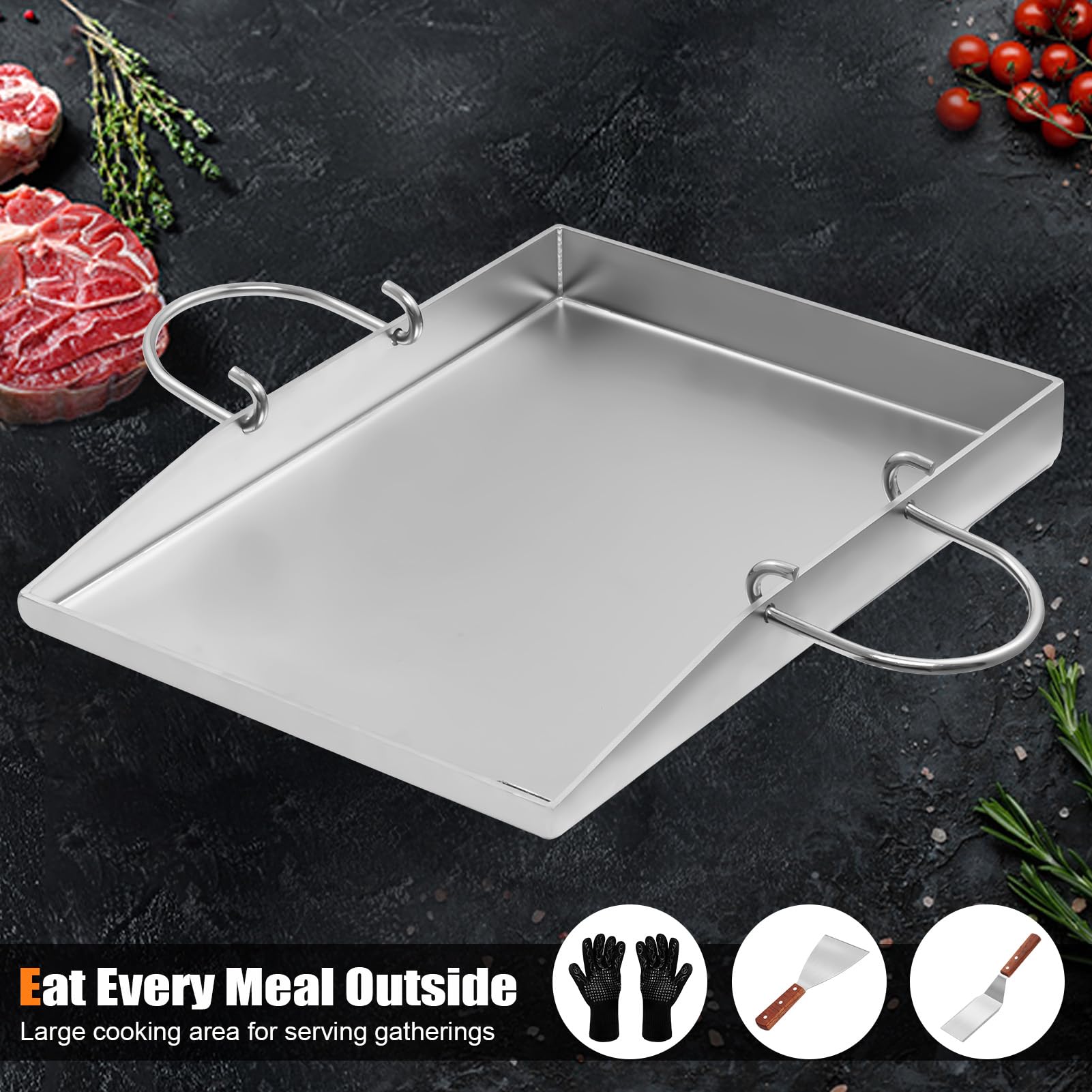 Plancha Edelstahl Grillplatte – Grillen auf höchstem Niveau | Robuster Edelstahl, 2x Grillspachtel mit Akazienholzgriff – Perfekte BBQ-Ergebnisse dank Profi-Zubehör garantiert!