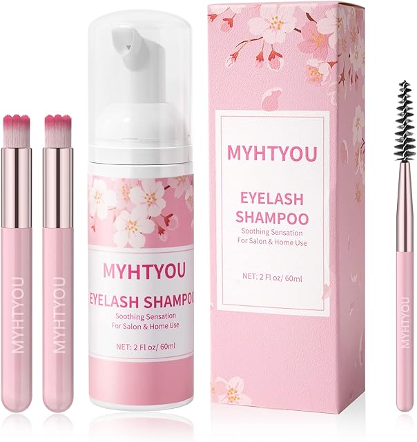 Eyelash Extension Cleanser, Eyelash Extension Shampoo 60ml+2 Cleansing Brushes+Mascara Wand Eyelash Foam Cleanser For Extensions and Natural Lashes,Paraben & Sulfate Free, Salon and Home Use