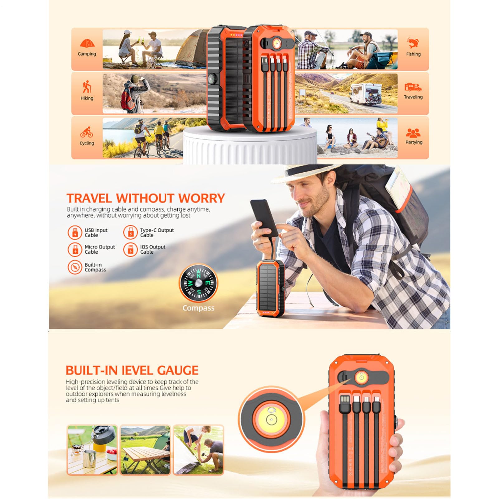 Chargeur Solaire pour Téléphone - Batterie Externe Haute Luminosité | Chargeur Solaire avec Manivelle | pour Randonnée Trekking Festival de Musique Smartphone Appareil Photo Tablette