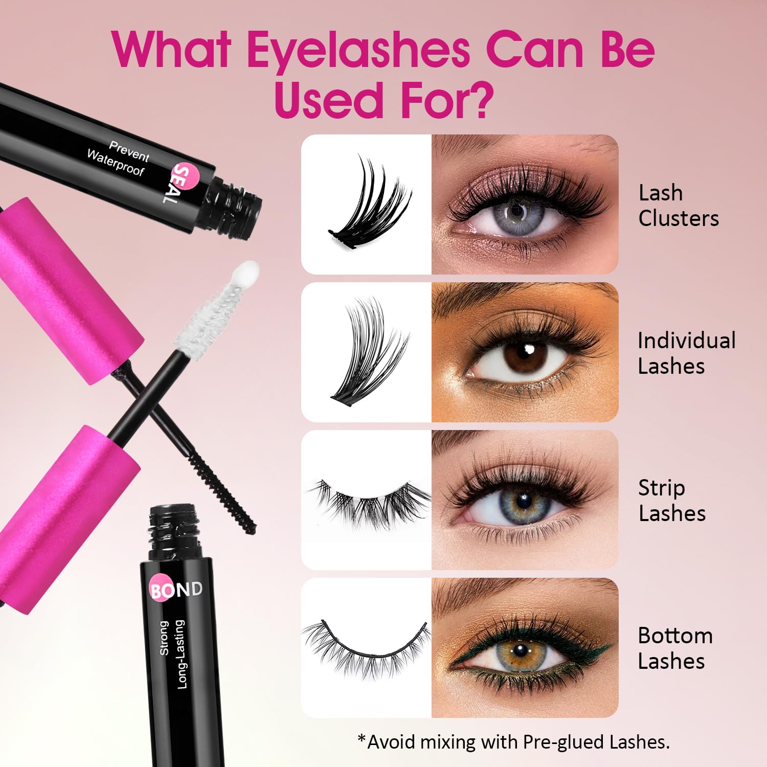 Lash Bond and Seal Waterproof for 72 Hours, Lash Cluster Glue Long Lasting 2-in-1 Lash Glue for Eyelash Clusters - 5ml+5ml