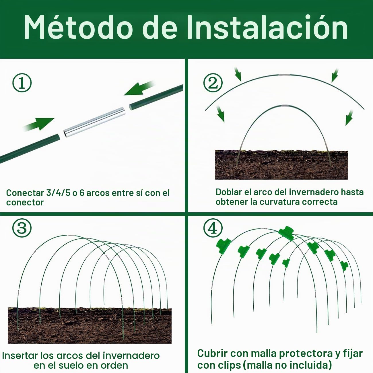 Túnel de crecimiento para bancal alto, 36 unidades de arcos de túnel, túnel de lámina, túnel de invernadero, túnel para jardín, fila, cubierta, plantas, frutas, verduras, etc
