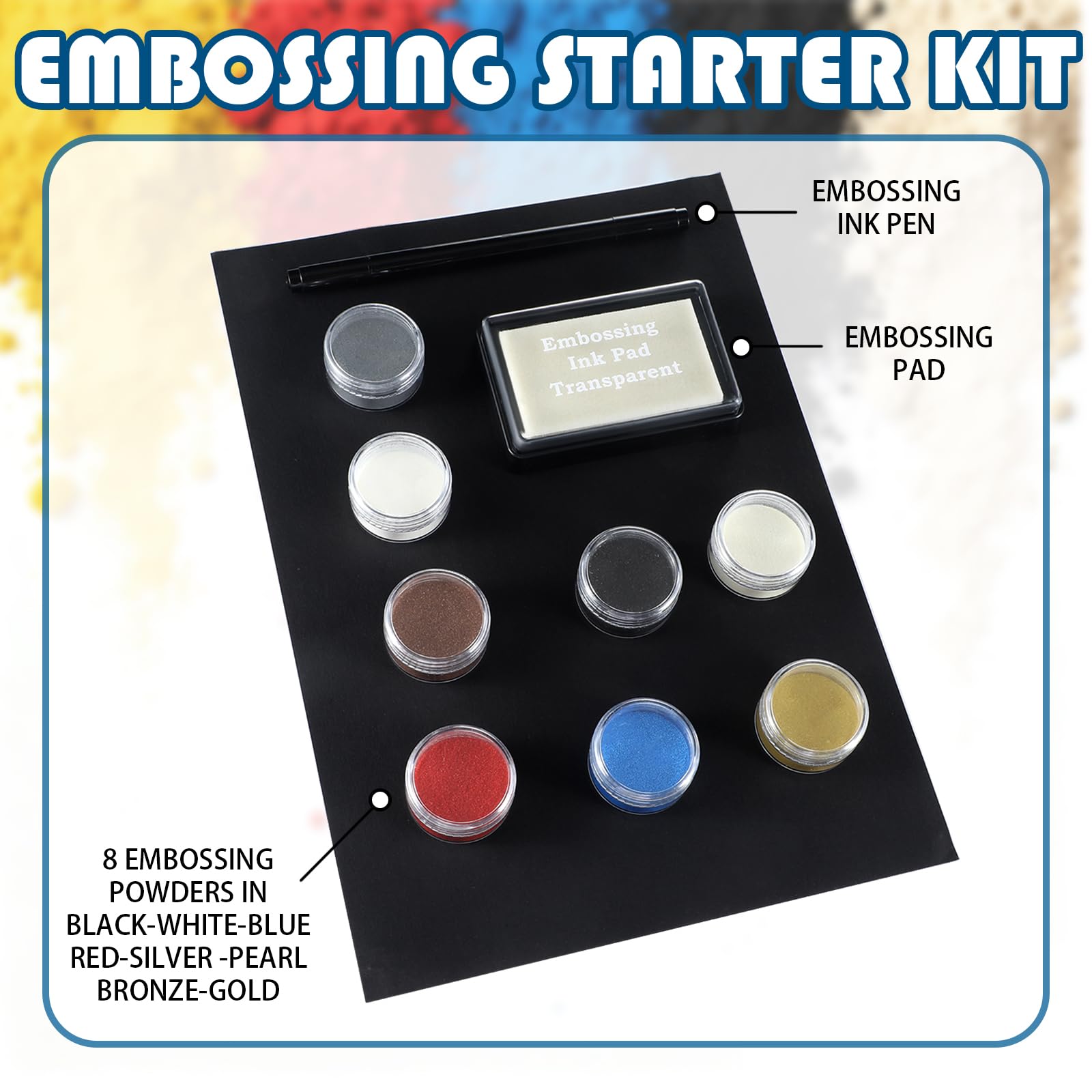 Lanties Embossing Kit with Heat Tool Bundle, 8 x 10ml Embossing Powders, Clear Embossings Pen and Ink Pad, Complete Embossings Kit for Starter Crafts