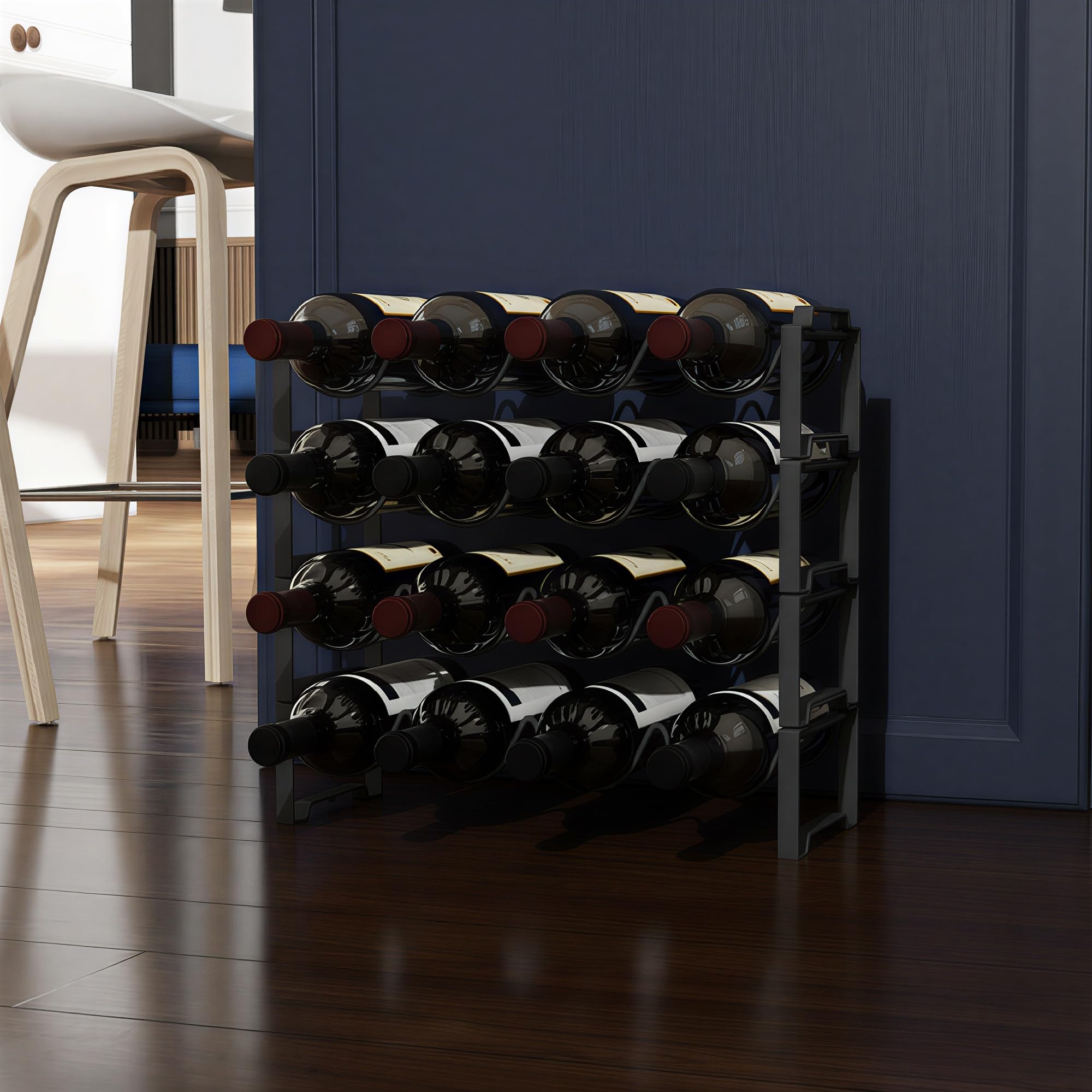 HOMCOM Portabottiglie Vino a 4 Livelli a Onda Impilabili per 16 Bottiglie, Cantinetta Portabottiglie Metallo per Cucina, Bar, Dispensa e Cantina, 42.5x16.5x41 cm Nero