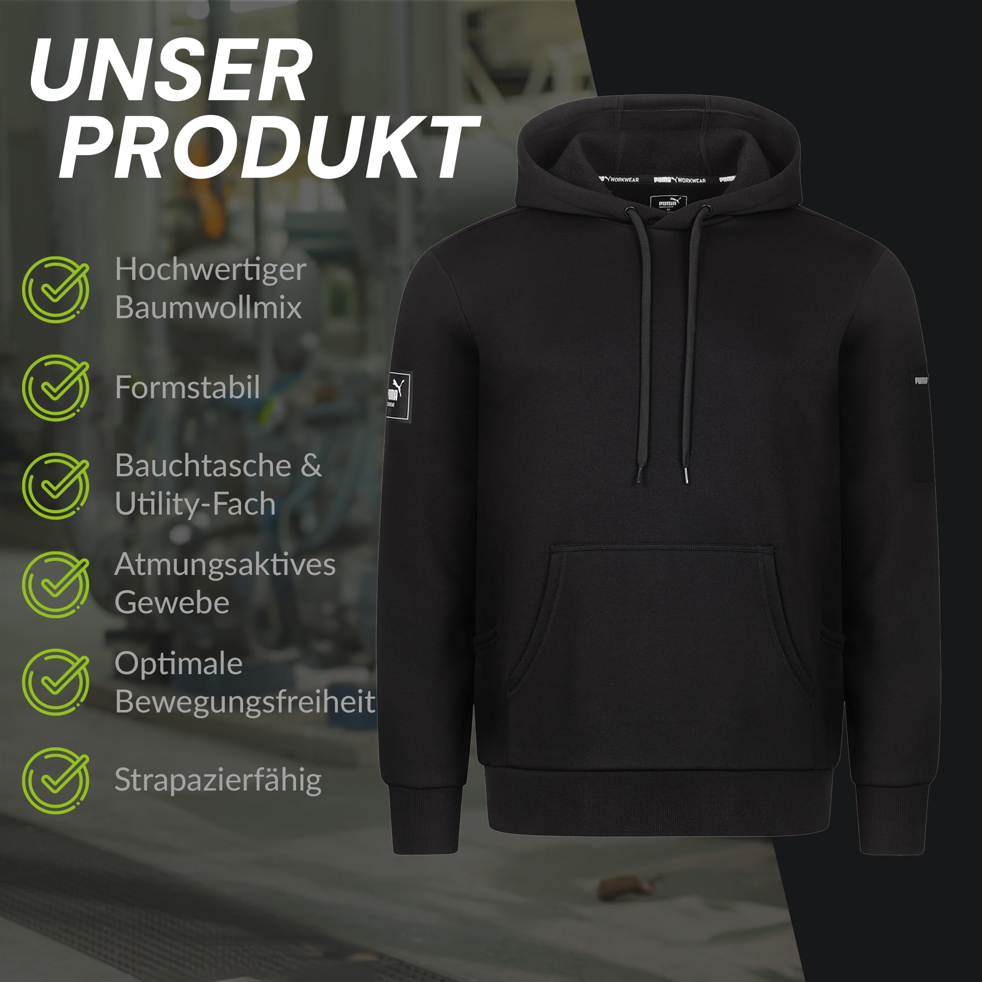 PUMA Workwear Advanced Kollektion - Hoodie Herren Pullover mit Kapuze - Schultertasche, Zwei Seitentaschen und Bauchtasche - Atmungsaktives Gewebe - Für Handwerk und Logistik
