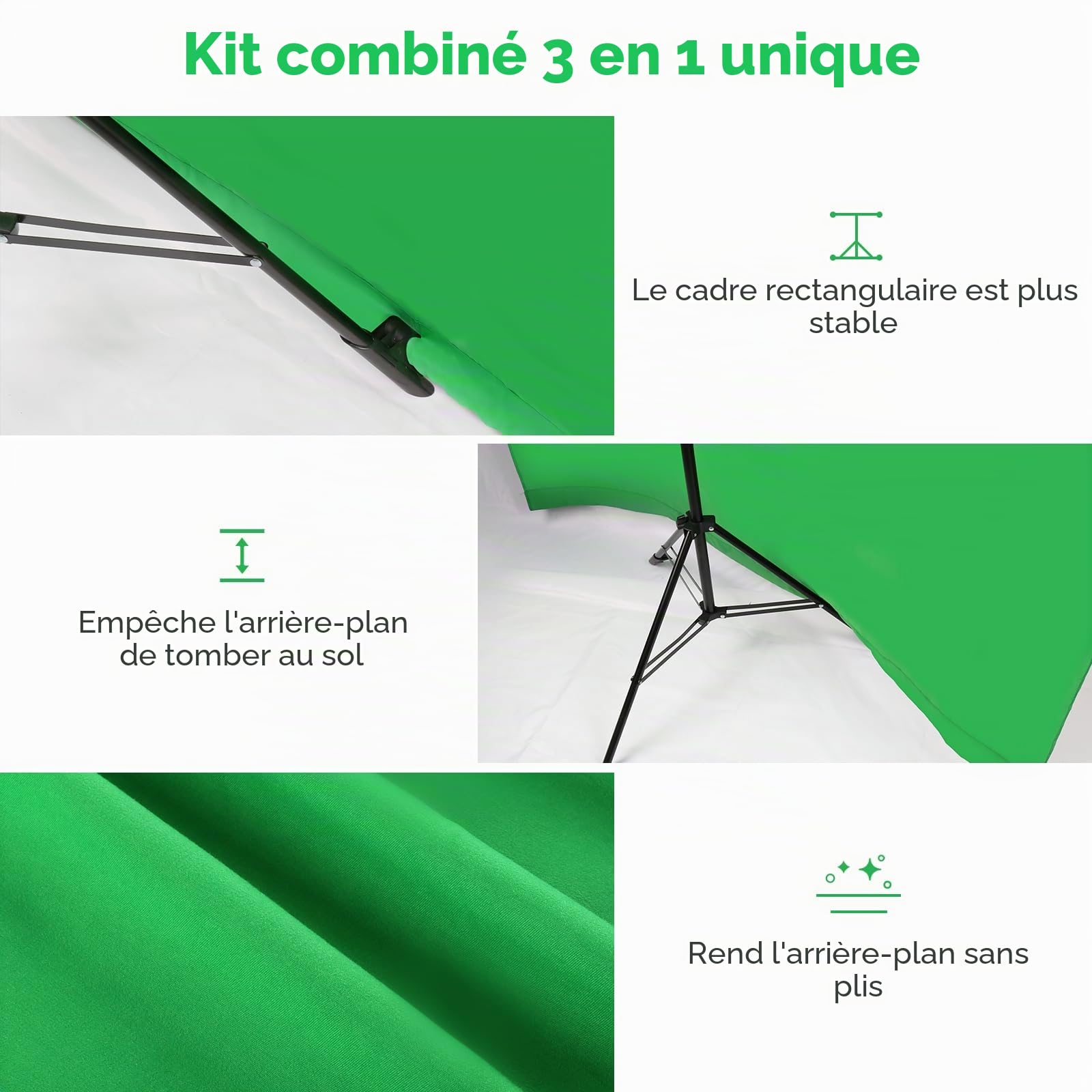 Toile de fond polyvalente avec support 2 x 2 m, arrière-plan pliable et infroissable Chromakey blanc et vert pour studio photo, prise de vue vidéo, photographie de portrait