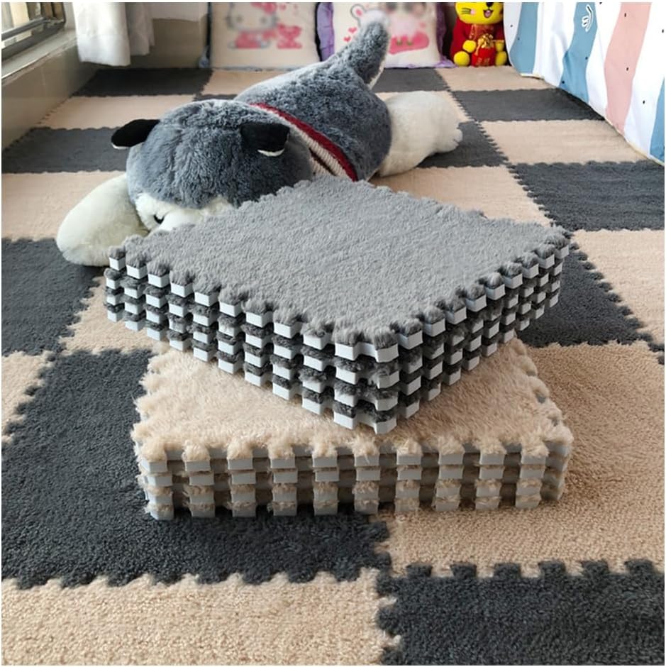 Foam Floor Mat Thick Interlocking Fluffy Tiles with Border Square Rug Split Joint Soft Climbing Carpet Mats Shaggy Area Rug for Room Floor 12pcs B