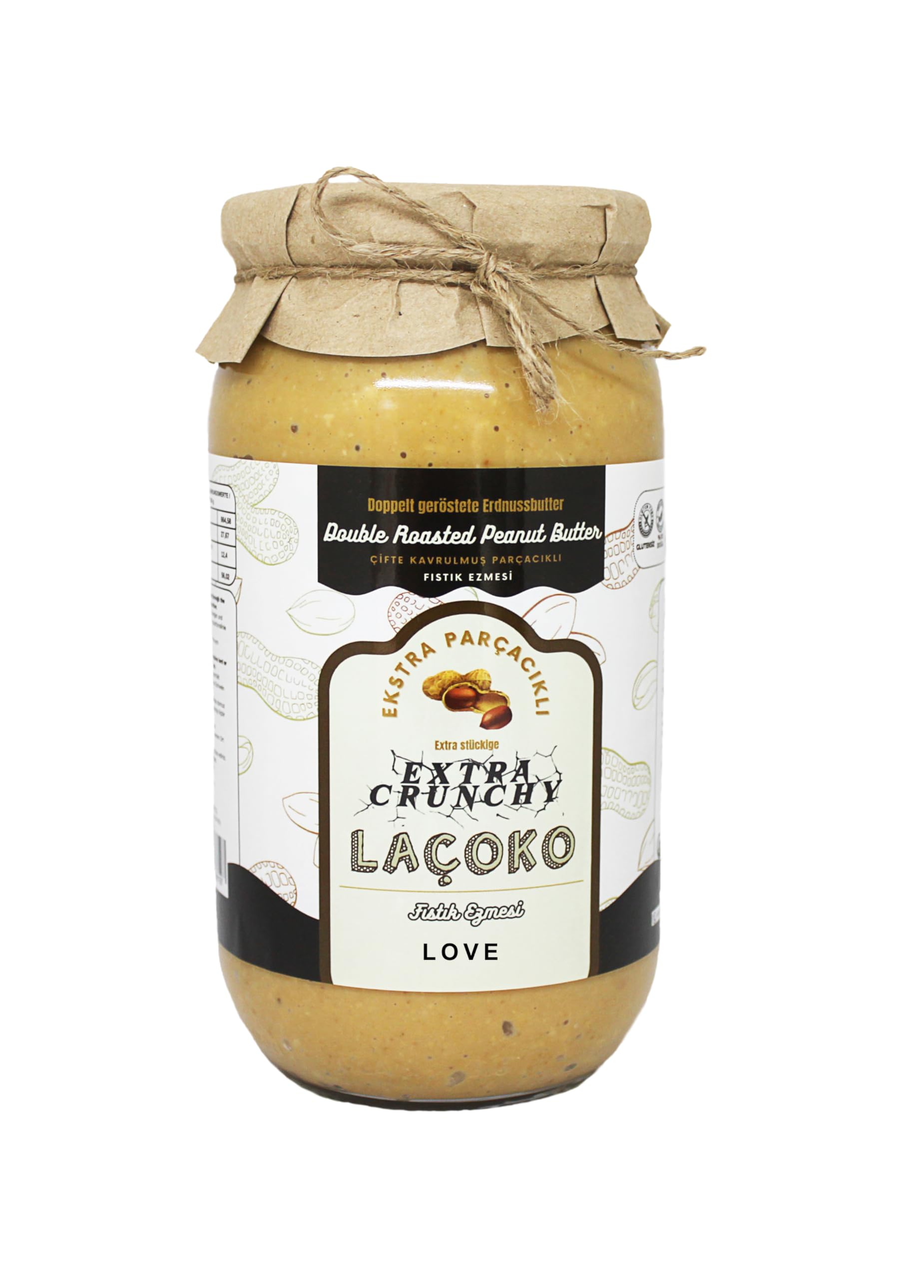 LAÇOKO 1 KG Şekersiz, Katkısız, Glutensiz, Vegan,Çifte Kavrulmuş Parçacıklı Fıstık Ezmesi