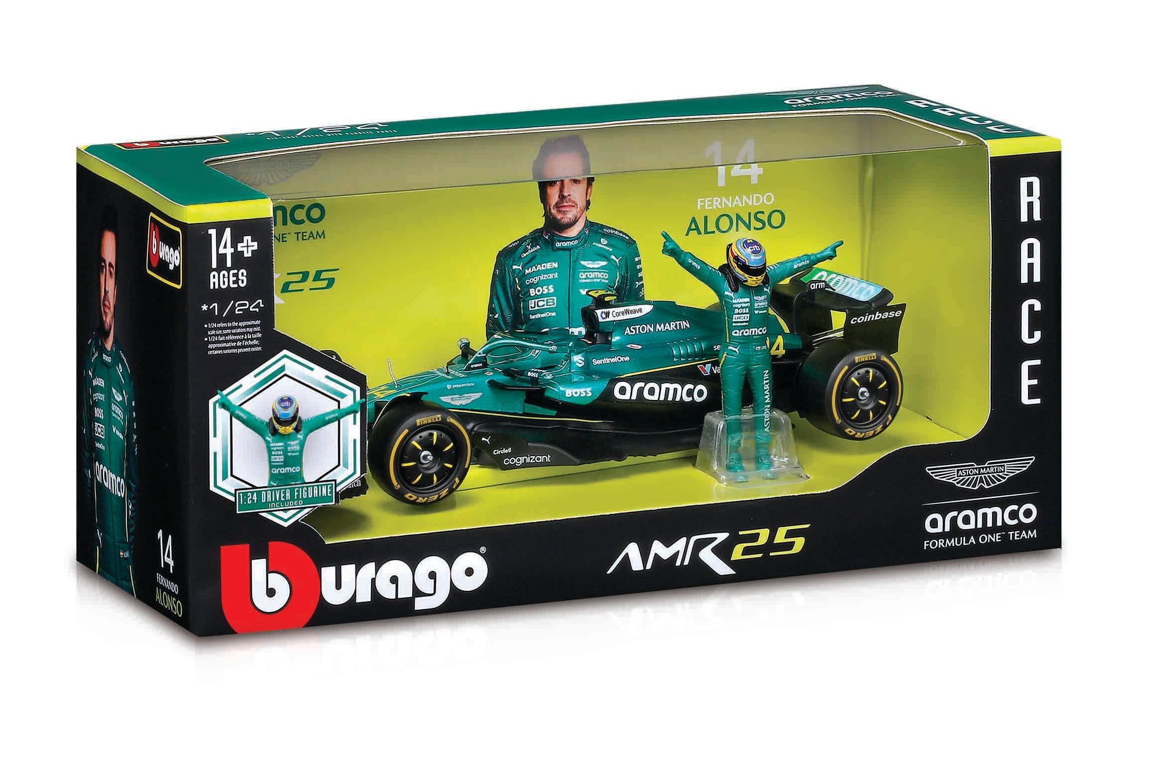 Bburago 1:24 Aston Martin Aramco F1 AMR25 Fernando Alonso with Driver Figure Die-Cast Model Car