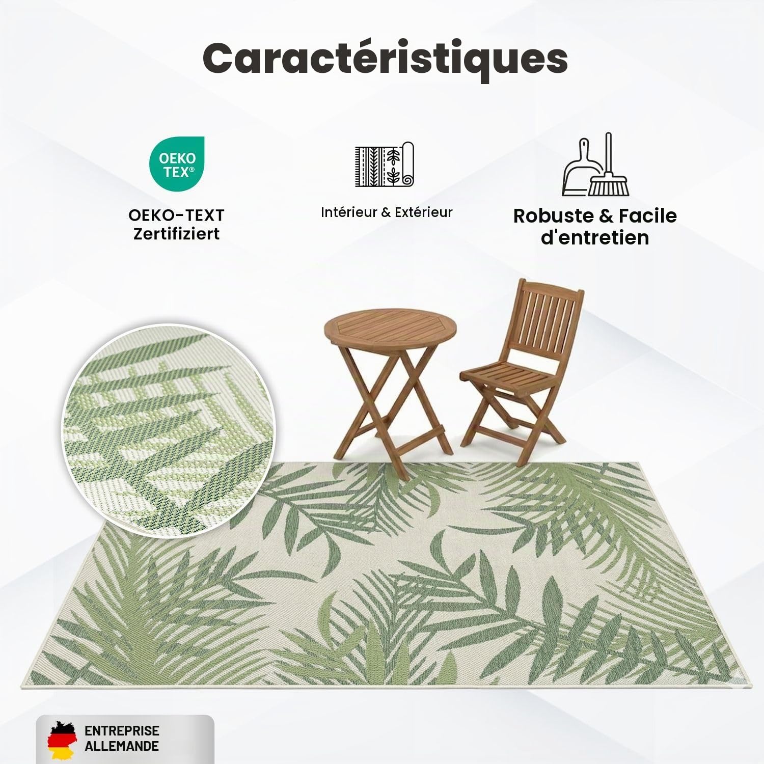 VIMODA Tapis d’intérieur et d’extérieur résistant aux intempéries – Balcon, terrasse, jardin, salon et cuisine - Lavable, dimensions : 160 x 220 cm ; Couleur : Vert2