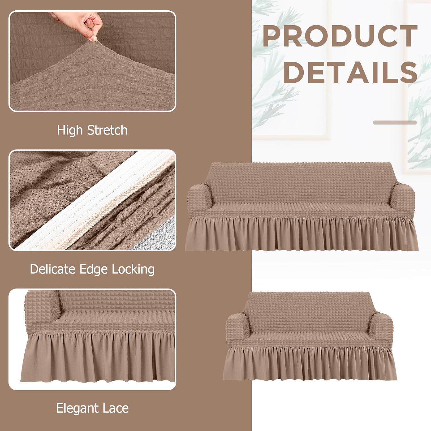 2 Pcs Sofa Slipcover Set for Couch Cushion Couch Cover with Skirt Durable Washable High Elastic Stretchable Furniture Covers for Sofa Loveseat Arm Chair (Khaki)