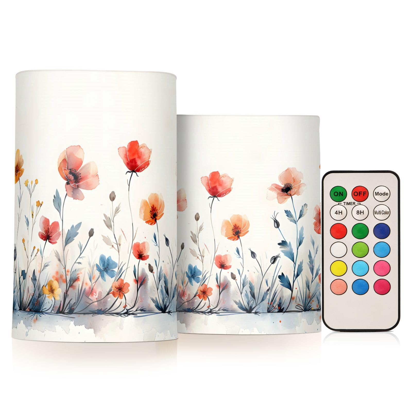ALAZA Watercolor Flowers Flickering Flameless Candles Battery Operated with Remote Timer,Tea Light Candles LED Pillar Votive Candles set of 2 for Outdoor Indoor Decorations